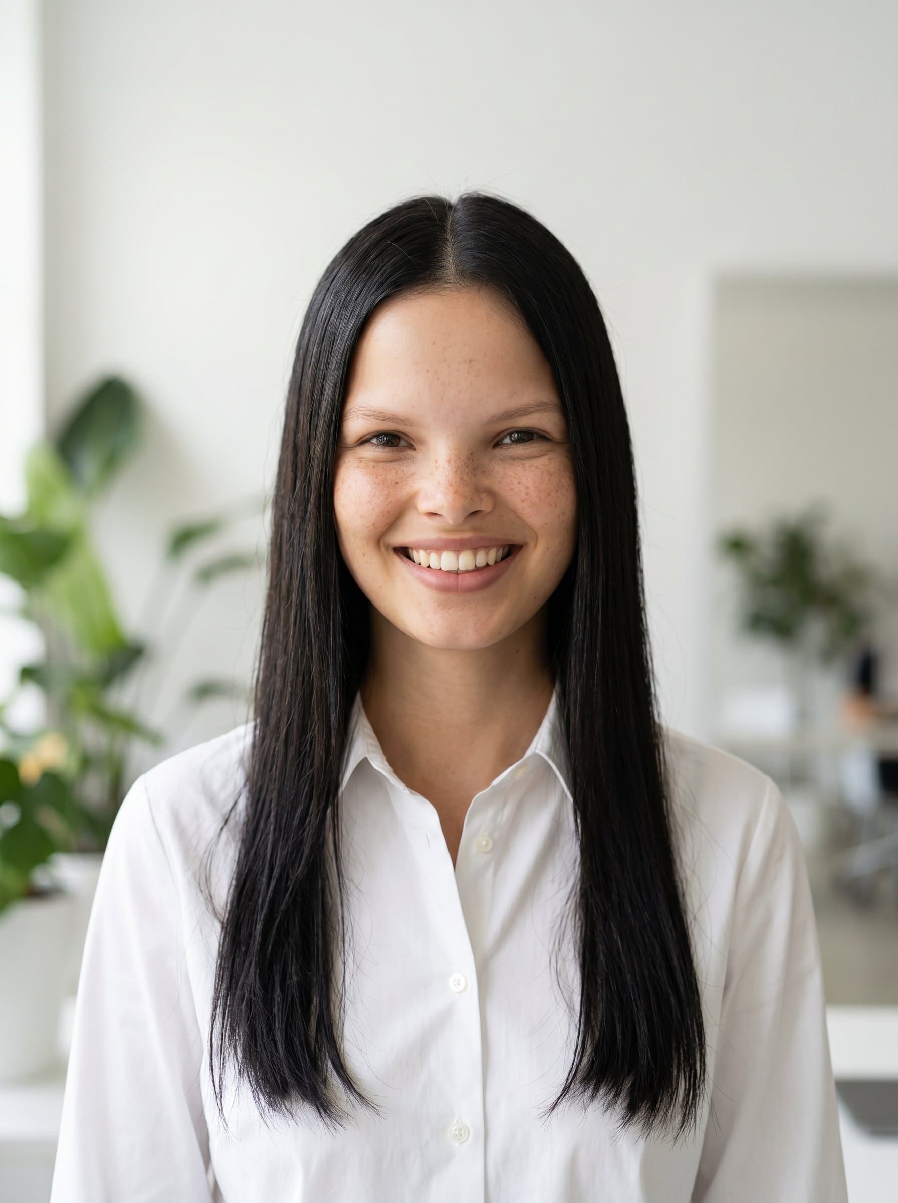Design a of a sales professional in a minimalist office setting. The woman is wearing a crisp shirt, with soft lighting highlighting their approachable and trustworthy expression.