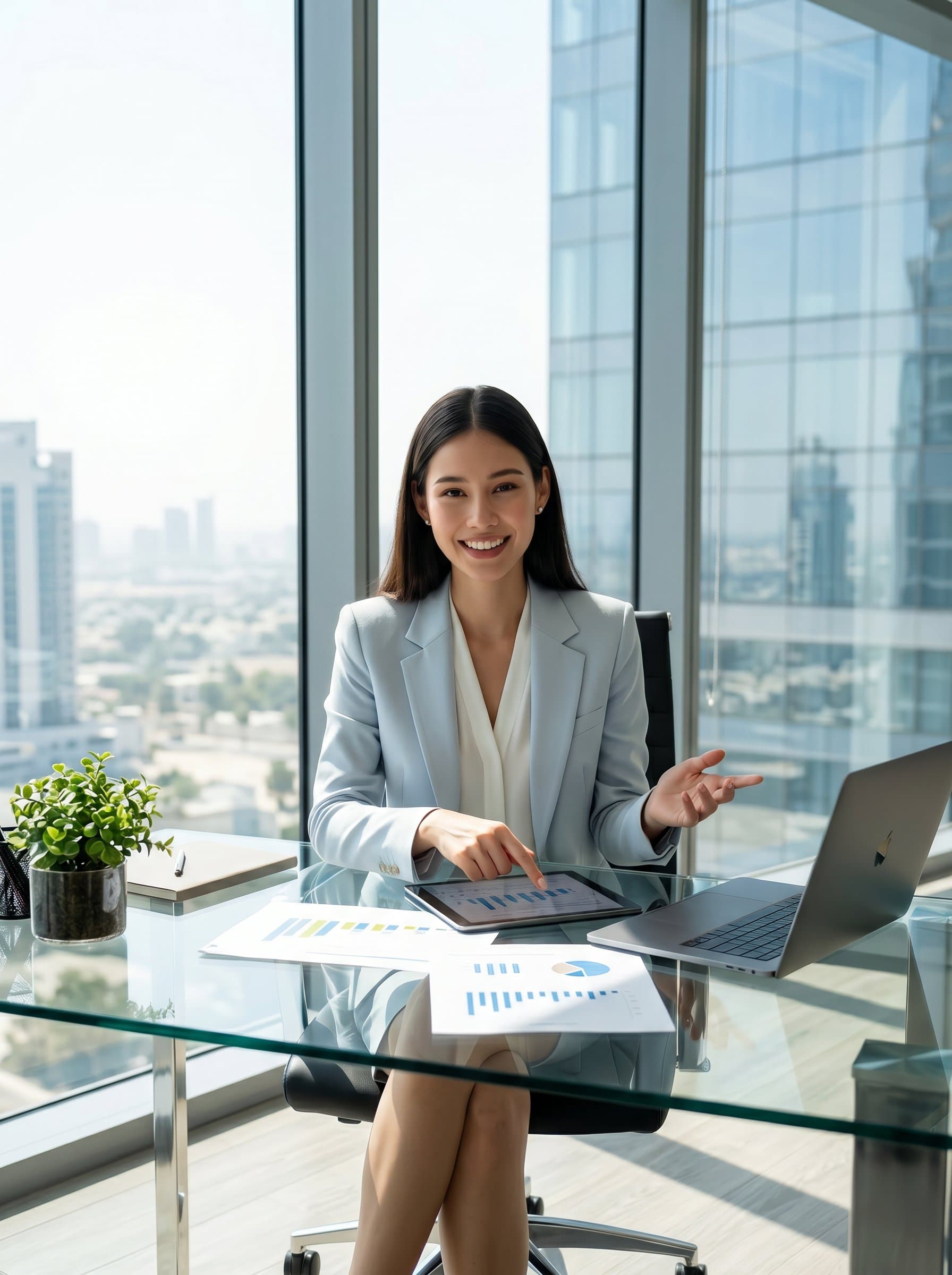 A of a sales consultant at a sleek glass desk, with a cityscape view. The attire is contemporary and professional, evoking themes of growth and opportunity.