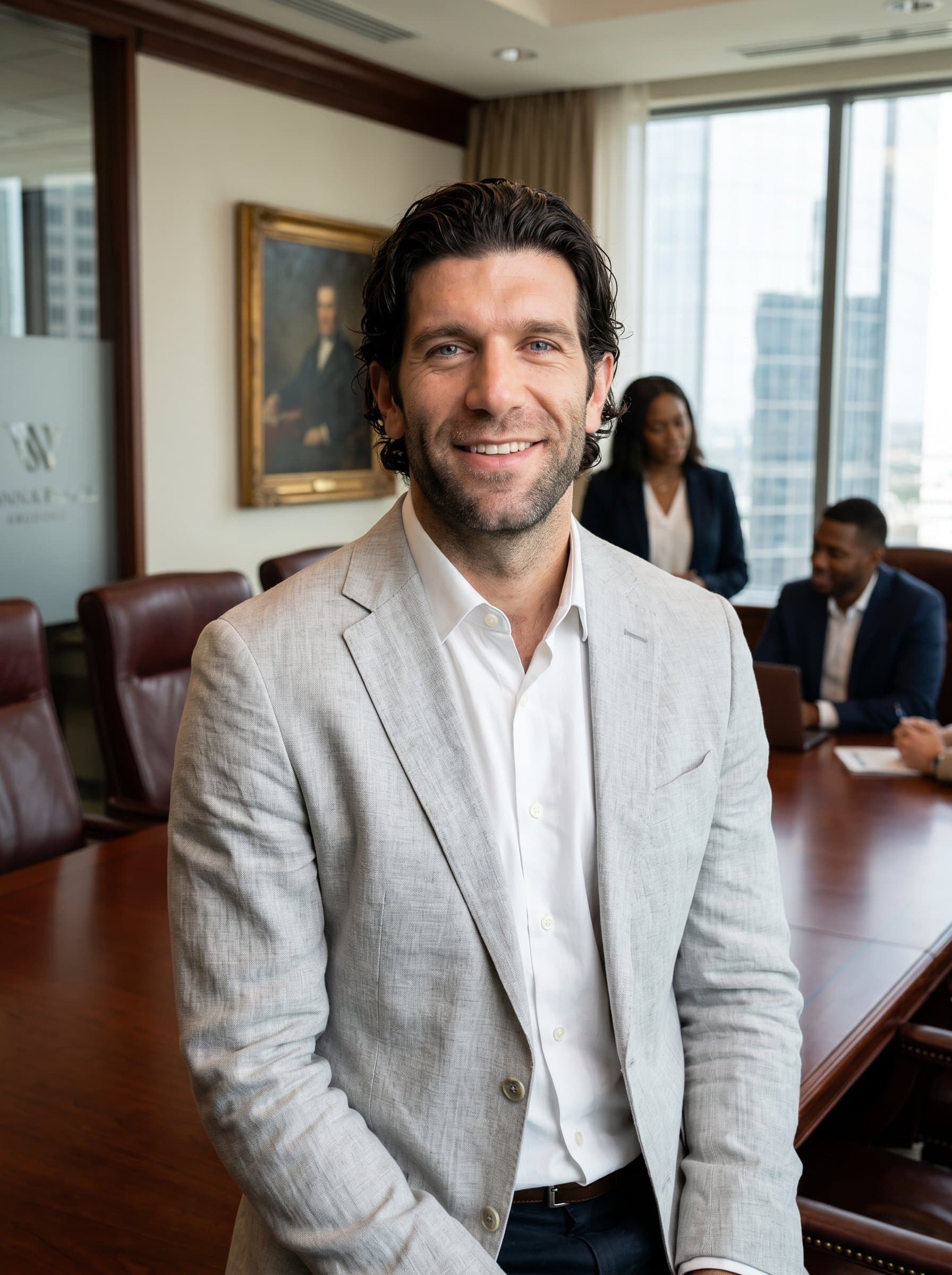 Create a of a sales professional in a classic boardroom, dressed in a light-colored blazer. The expression is friendly and confident, with a tasteful background of elegant furniture and decor.