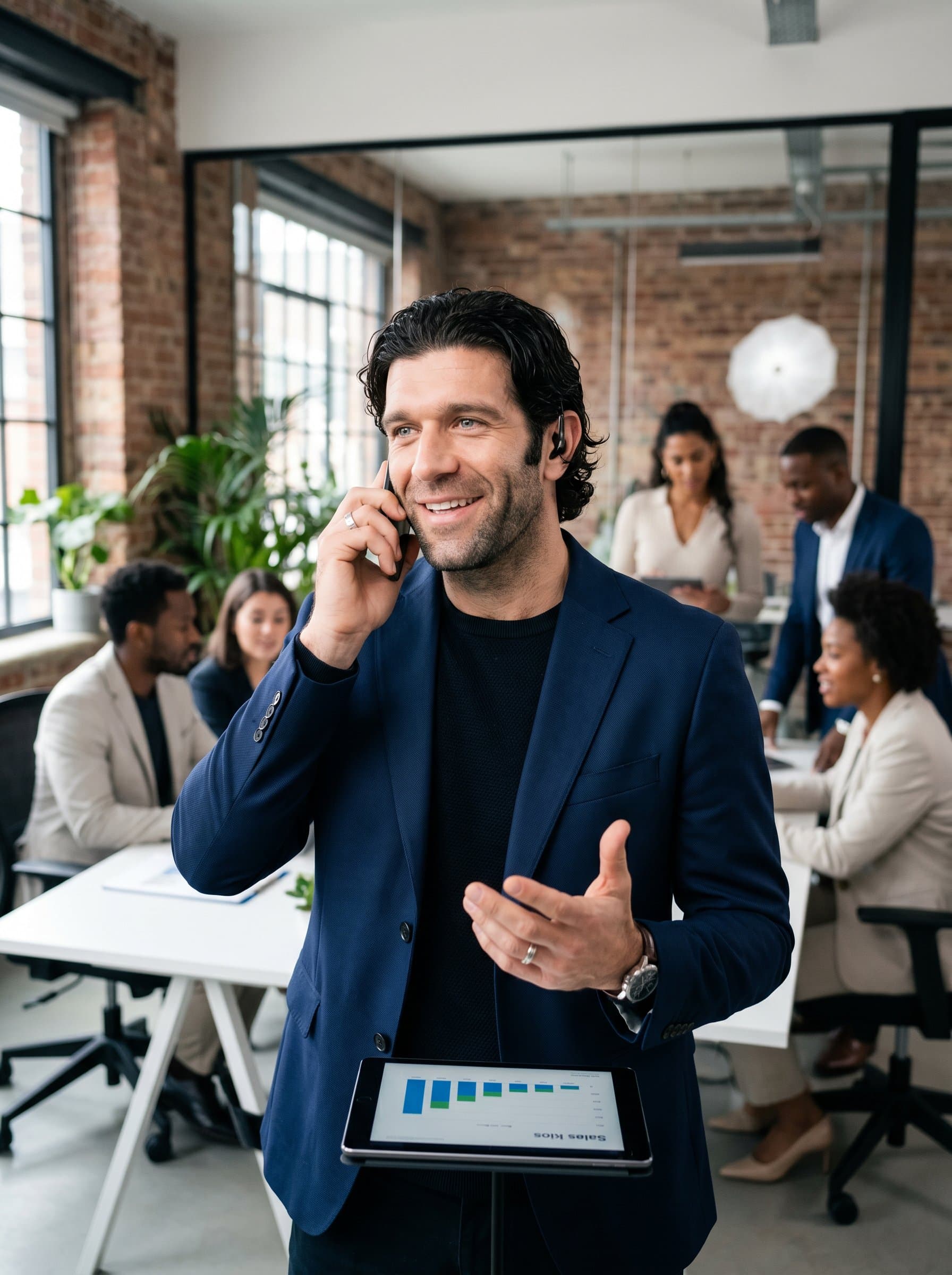 Generate a capturing a sales executive in a trendy, open-plan office. The man sports a stylish, modern jacket, with other professionals interacting in the softly blurred background.