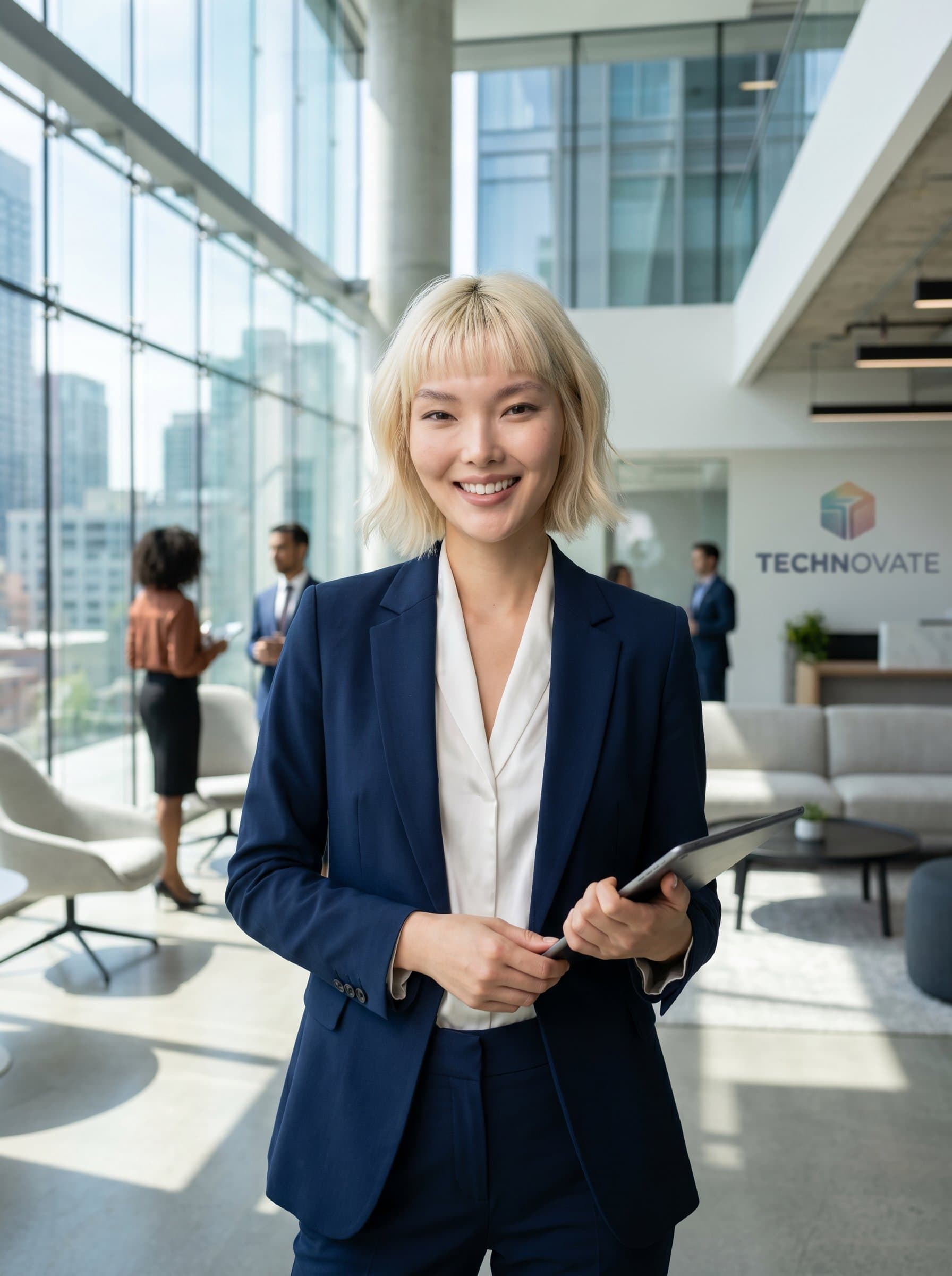 A photorealistic of a sales professional in a modern office, dressed in a tailored suit. The woman exudes confidence and approachability, standing against a backdrop of sleek, contemporary architecture.