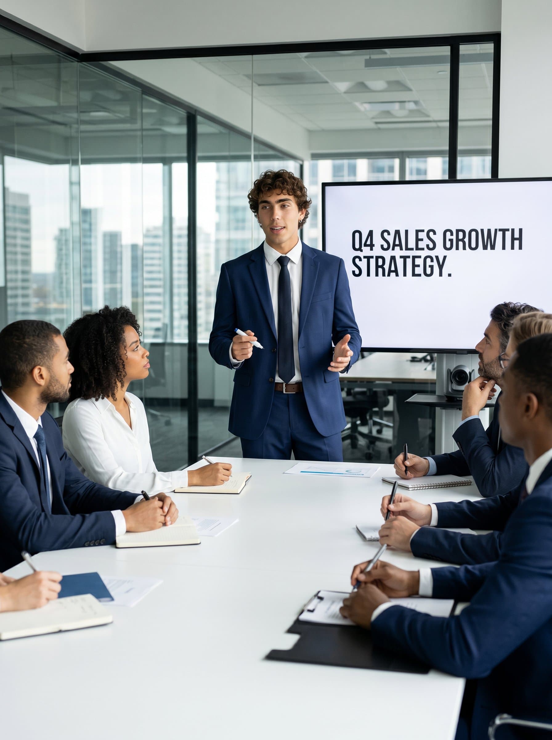 Imagine a showing a sales leader in a modern conference room, wearing a tailored jacket. The setting includes a presentation screen and colleagues in discussion, symbolizing leadership and influence.