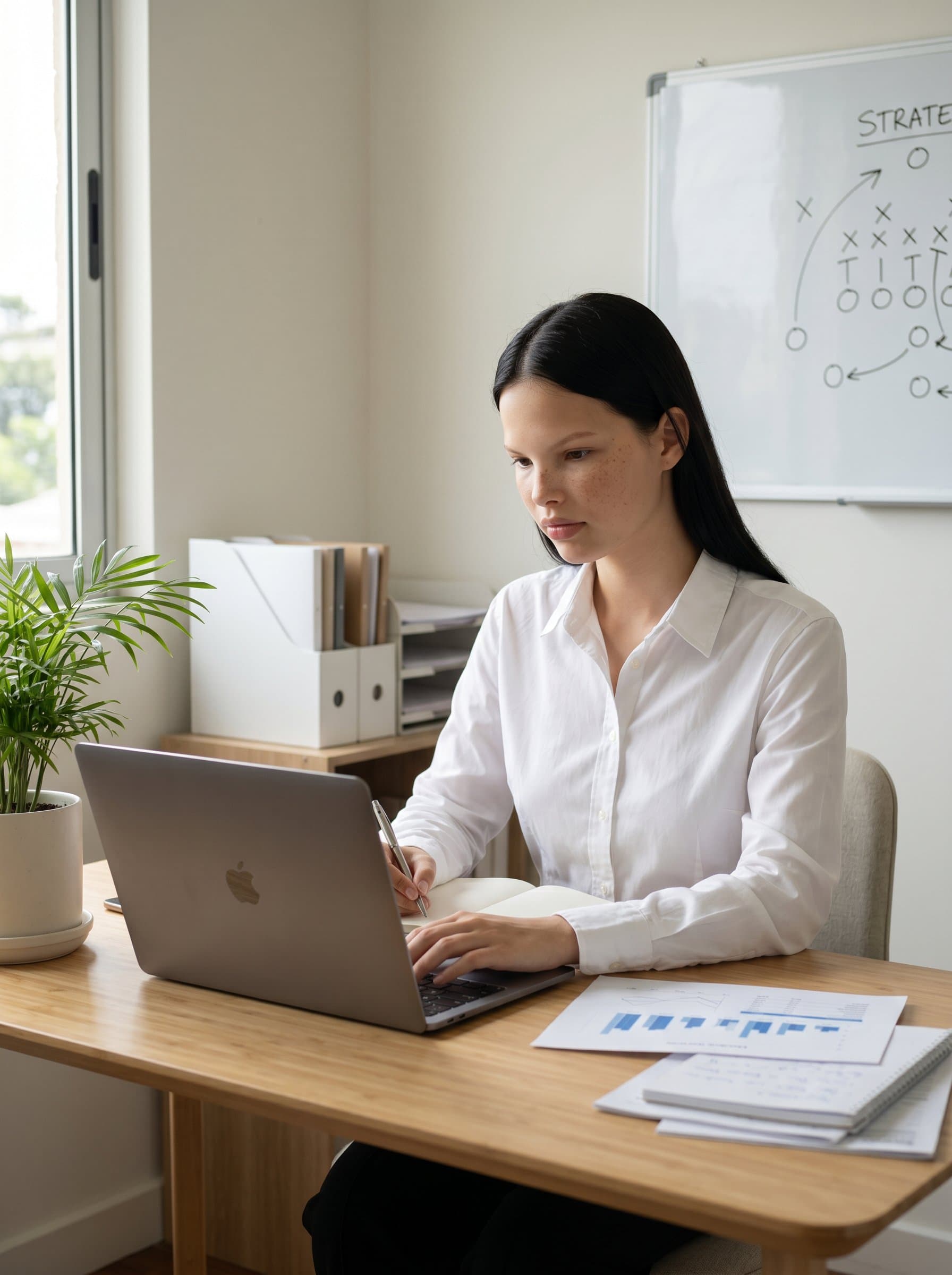 Showcase a of a sales strategist in a calm, minimalist workspace, wearing a stylish button-up shirt. The environment is serene, fostering a sense of focus and productivity.