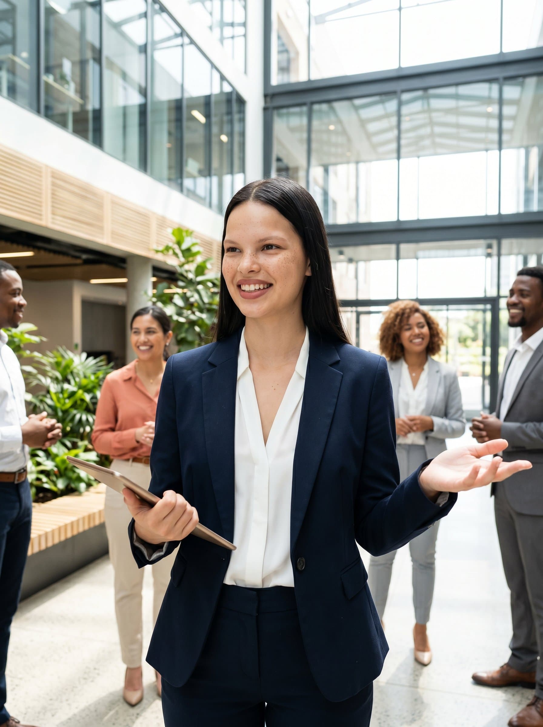 Generate a of a sales professional in an elegant office atrium, with natural light streaming through large windows. The attire is business formal, and the mood is uplifting and aspirational.