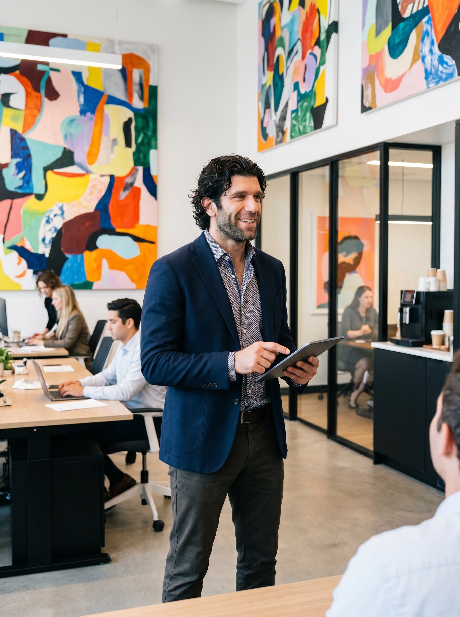 Conceptualize a of a sales professional in a collaborative workspace, with vibrant artwork on the walls. The attire is formal yet creative, highlighting a balance of professionalism and innovation.