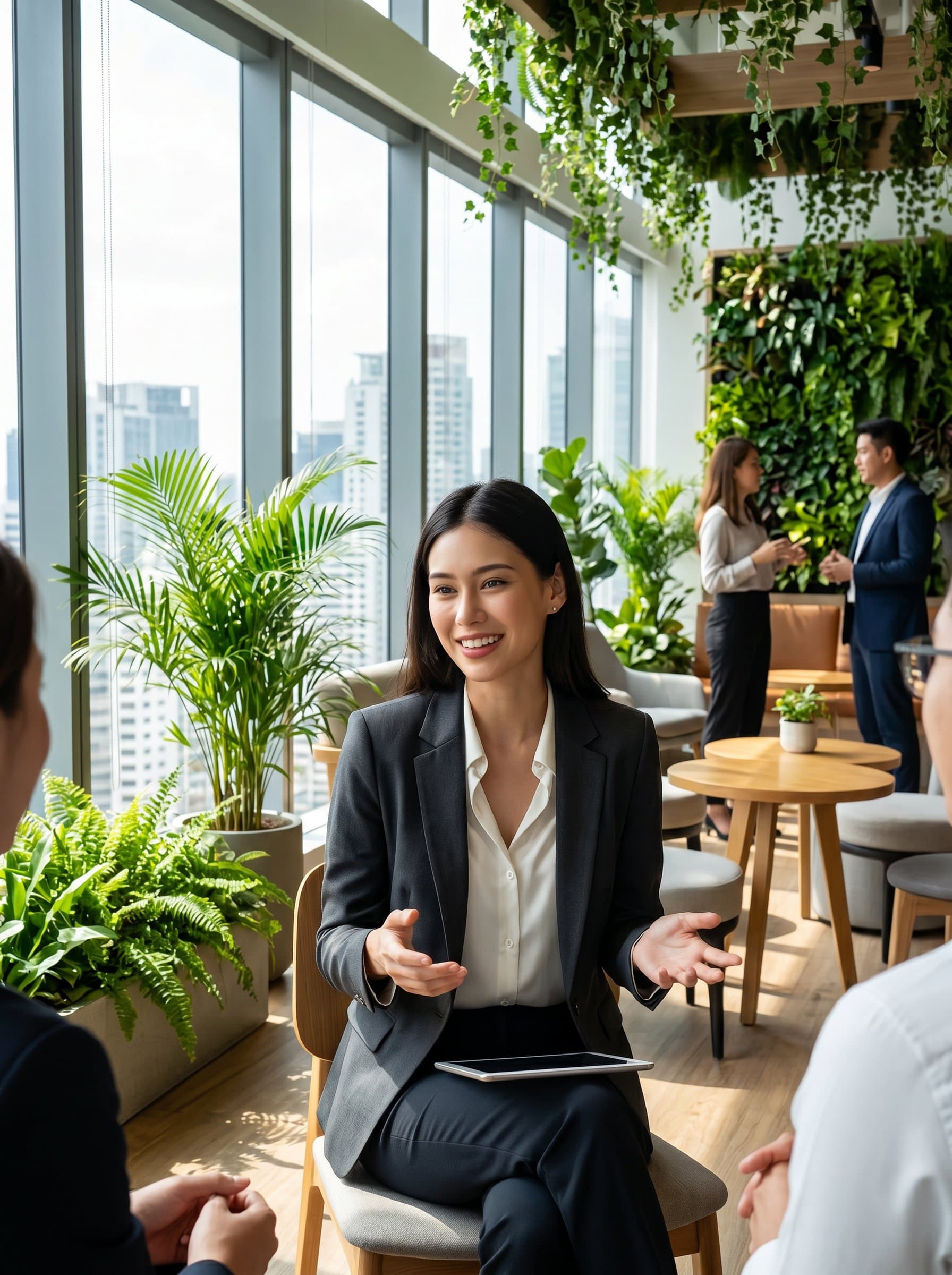 A of a charismatic sales leader in a high-rise office lounge, surrounded by lush greenery. The woman is wearing a sharp, dark blazer and has a welcoming demeanor.