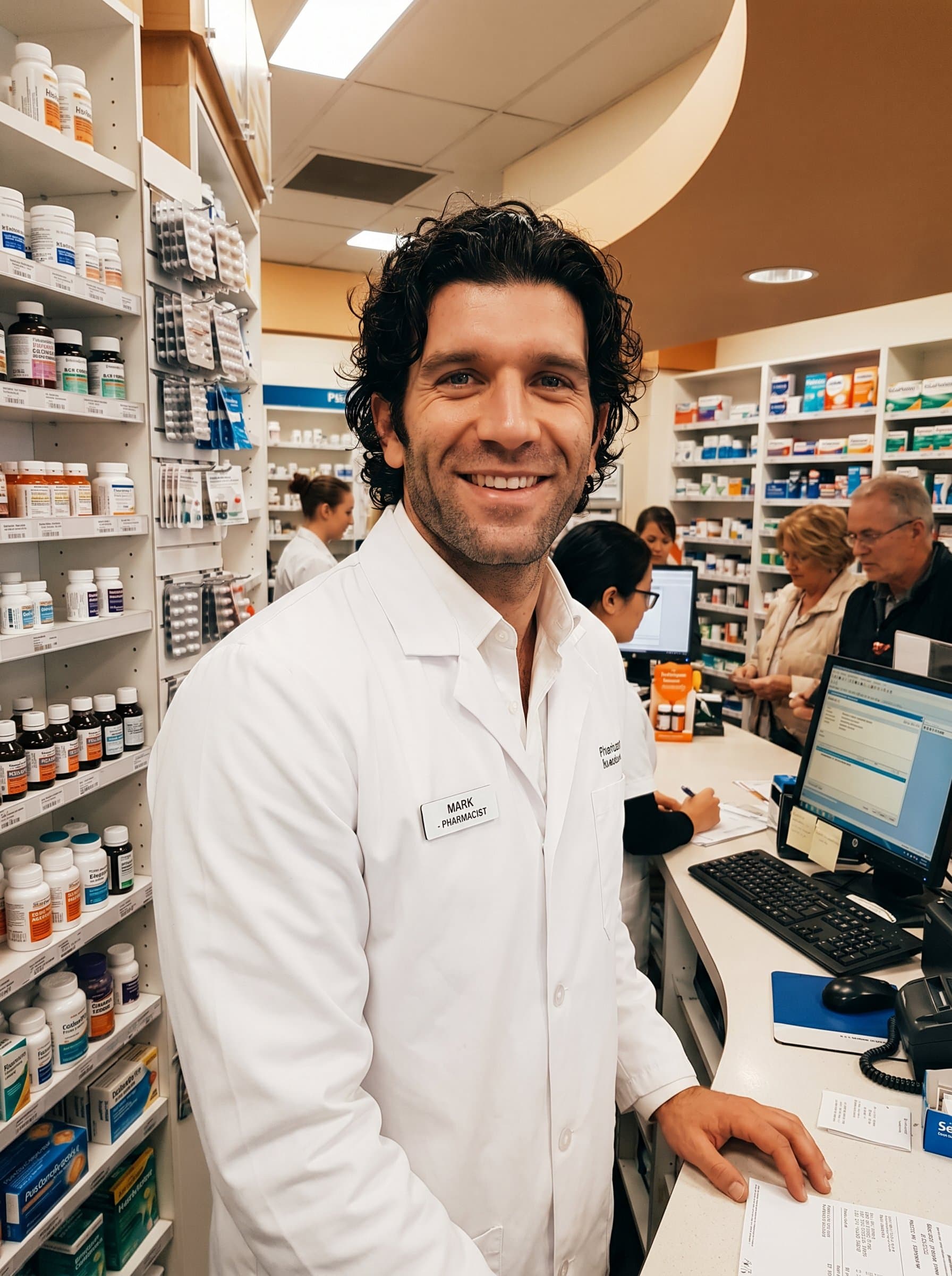 captures a smiling pharmacist in a pristine white coat, framed against a bustling pharmacy backdrop. The warm lighting highlights shelves stocked with various medicine bottles, emphasizing a welcoming and knowledgeable setting.
