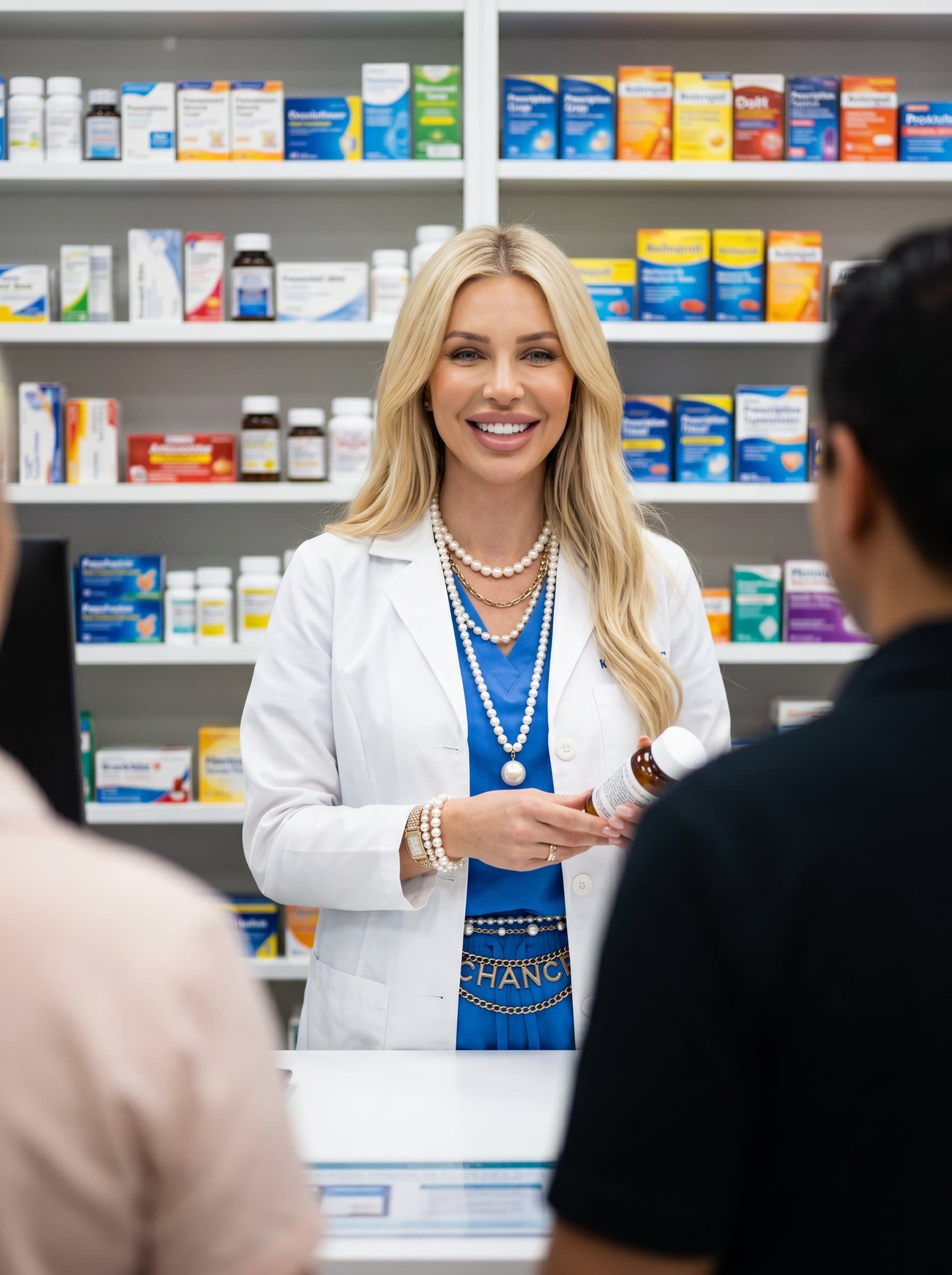 In a contemporary pharmacy, showcases a pharmacist whose friendly smile complements the vibrant array of medicines displayed behind them. Their white coat stands out, symbolizing expertise and trust.
