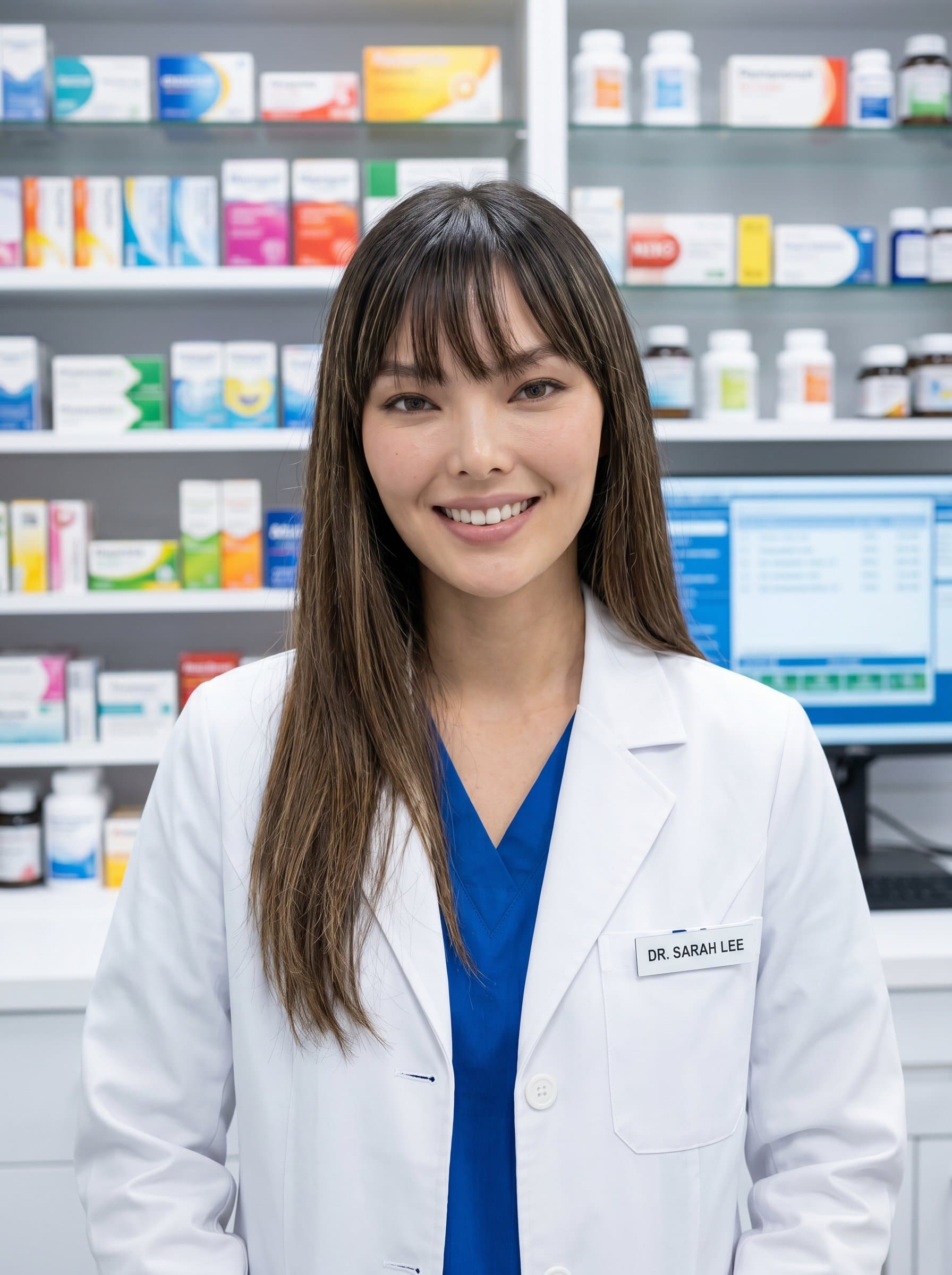 A photorealistic headshot of a pharmacist in a white coat, standing confidently in a bright, modern pharmacy. Shelves filled with colorful medicine boxes form a neat backdrop, reflecting a professional environment.