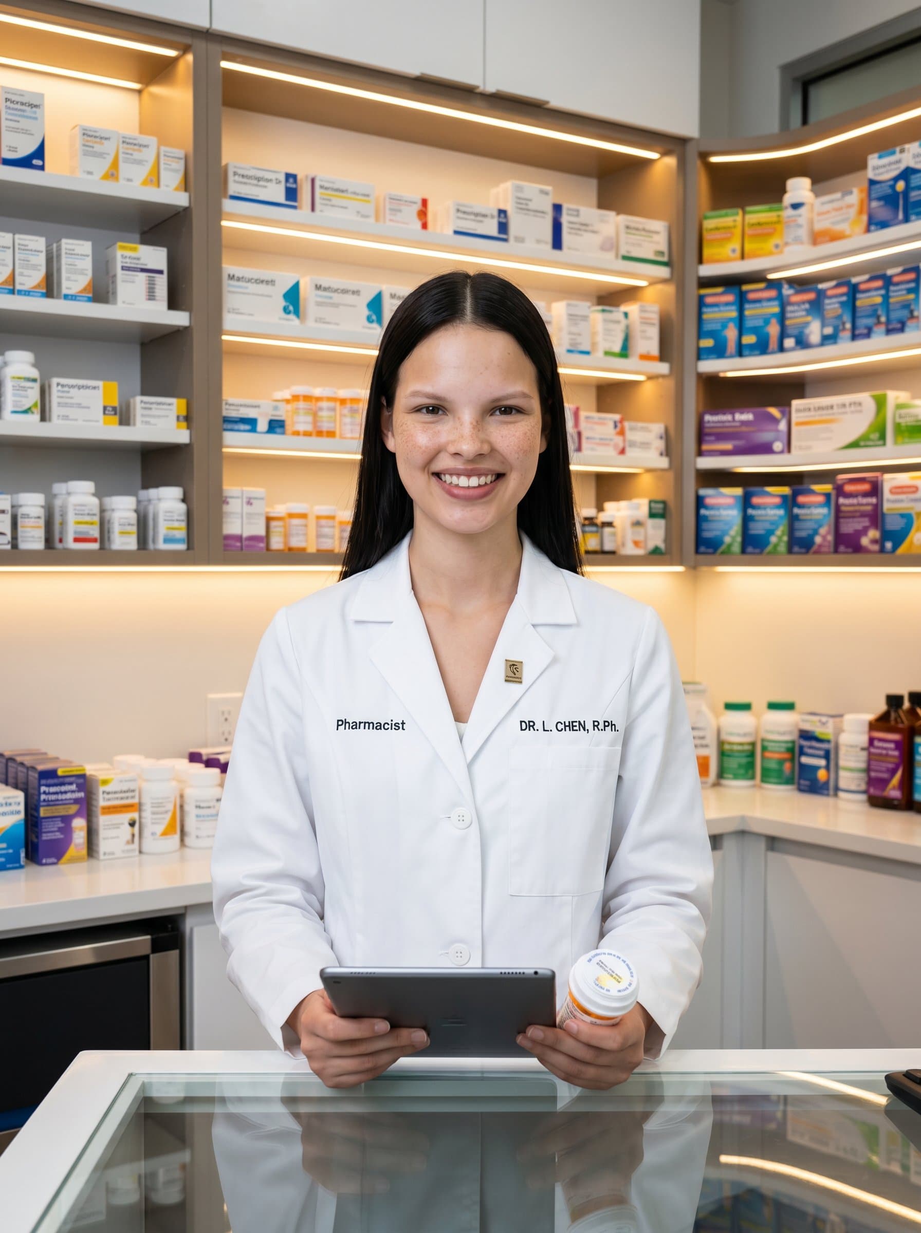 The prompt captures a pharmacist in a white coat, standing confidently in a sleek pharmacy. The carefully curated medicine shelves behind them reflect a modern and efficient work environment.