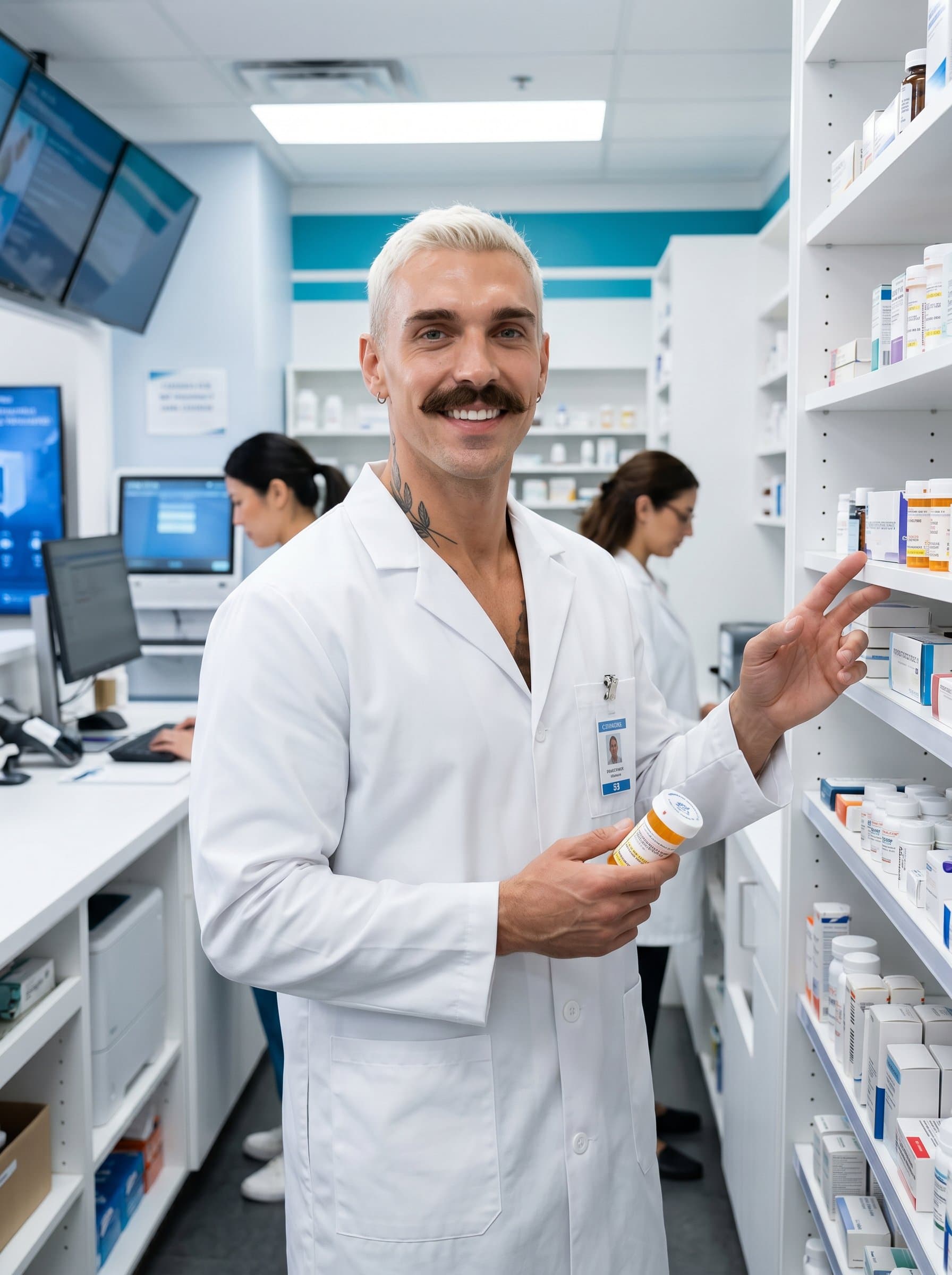A pharmacist in a crisp white coat is the focus of set against tidy pharmacy shelves. This photorealistic image exudes an inviting, knowledgeable presence within a state-of-the-art pharmacy.