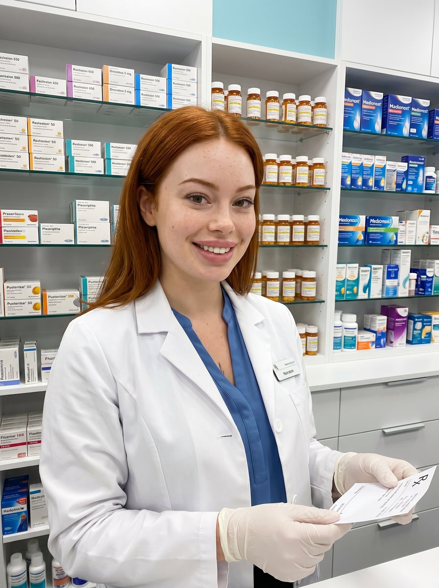 A confident pharmacist in a white coat is the focus of set against a backdrop of meticulously arranged pharmacy shelves. Their approachable smile enhances the professional ambiance.