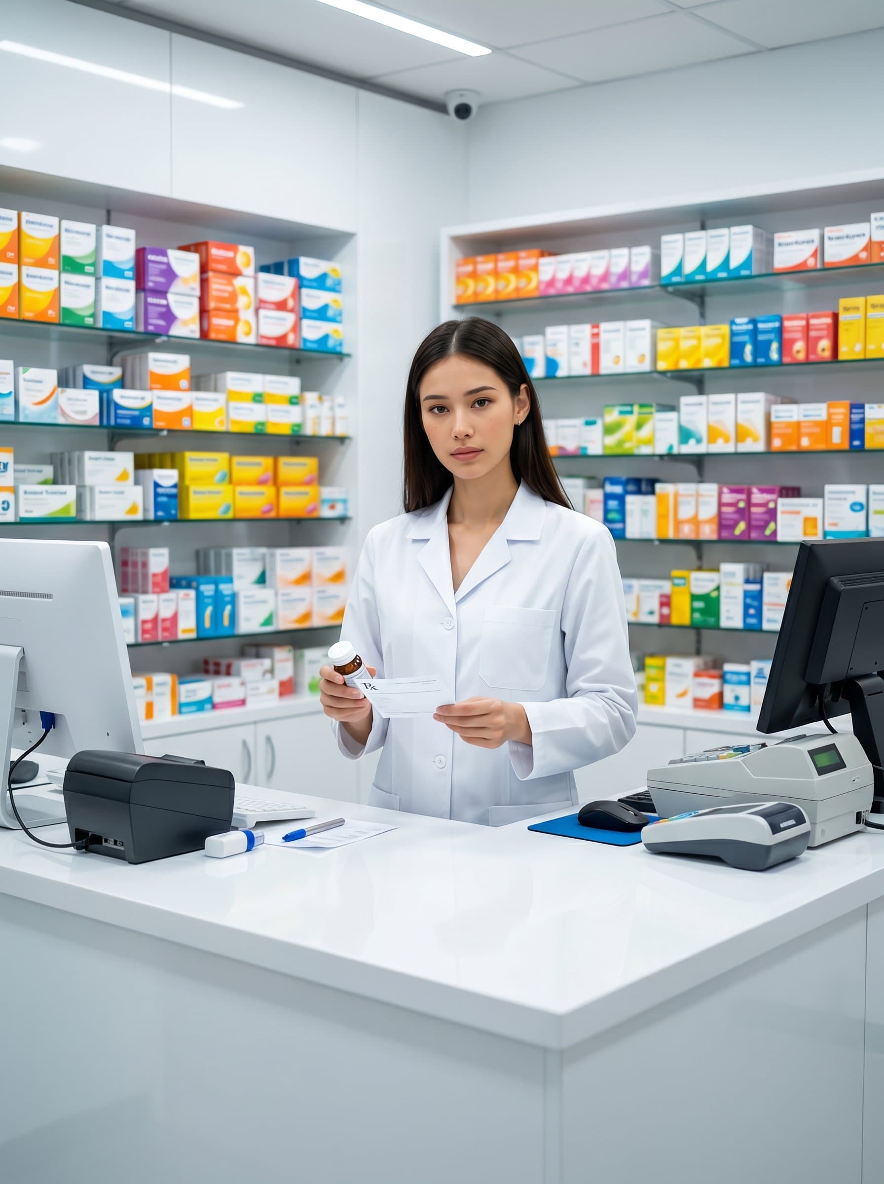 frames a pharmacist whose attentive demeanor is accentuated by a sleek, modern pharmacy interior. Shelves brimming with colorful medicine packages provide a vibrant, yet professional atmosphere.