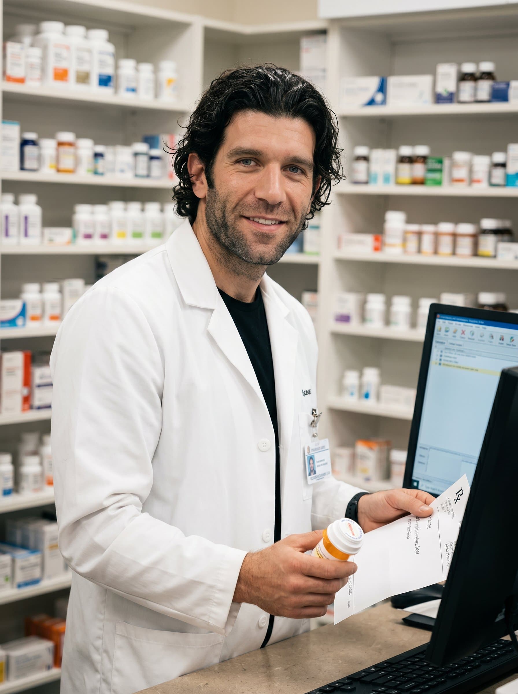 showcases a pharmacist in a white coat, with a focused yet approachable demeanor. The orderly pharmacy shelving filled with various medicines enhances the professional and welcoming ambiance.