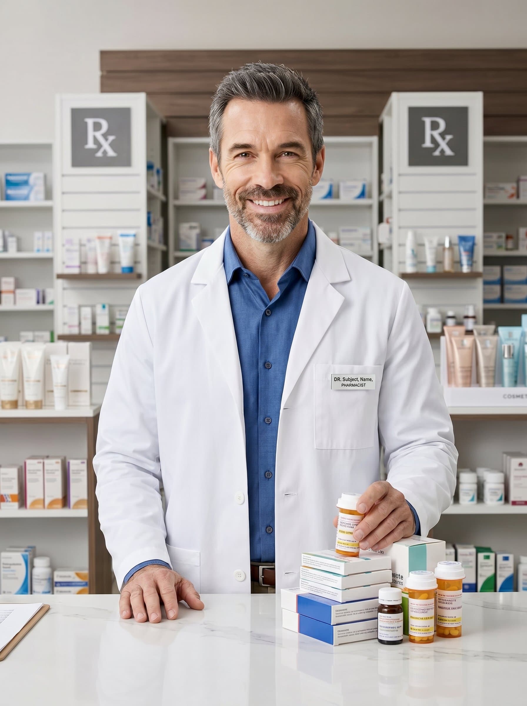 Against an elegant pharmacy backdrop, features a pharmacist in a white coat. Their friendly expression is complemented by the neatly arranged medicines, creating a professional and inviting atmosphere.