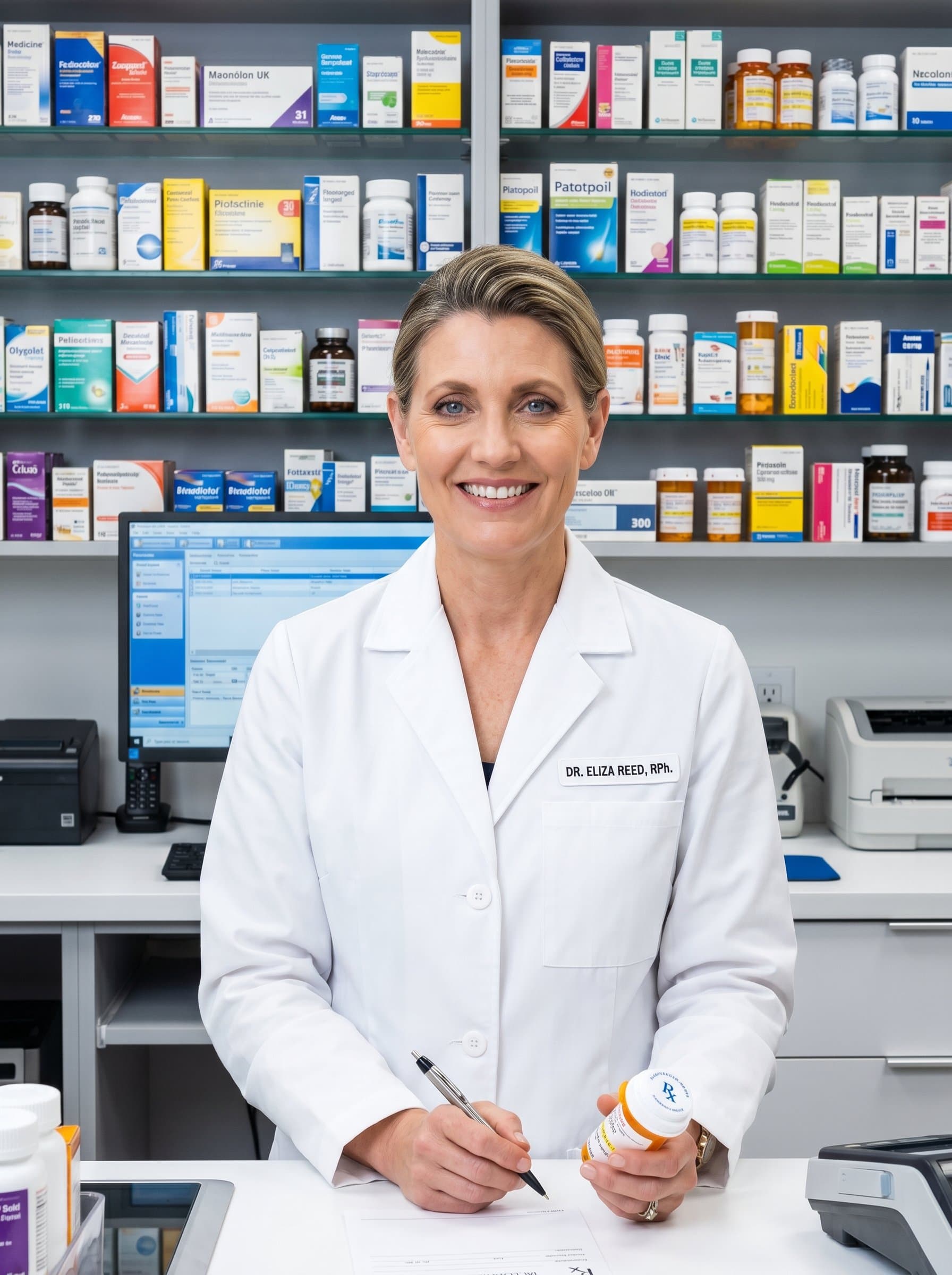In a modern pharmacy, captures a pharmacist in a white coat, radiating confidence. The vibrant assortment of medicine boxes behind them reinforces their role in healthcare with a touch of professionalism.