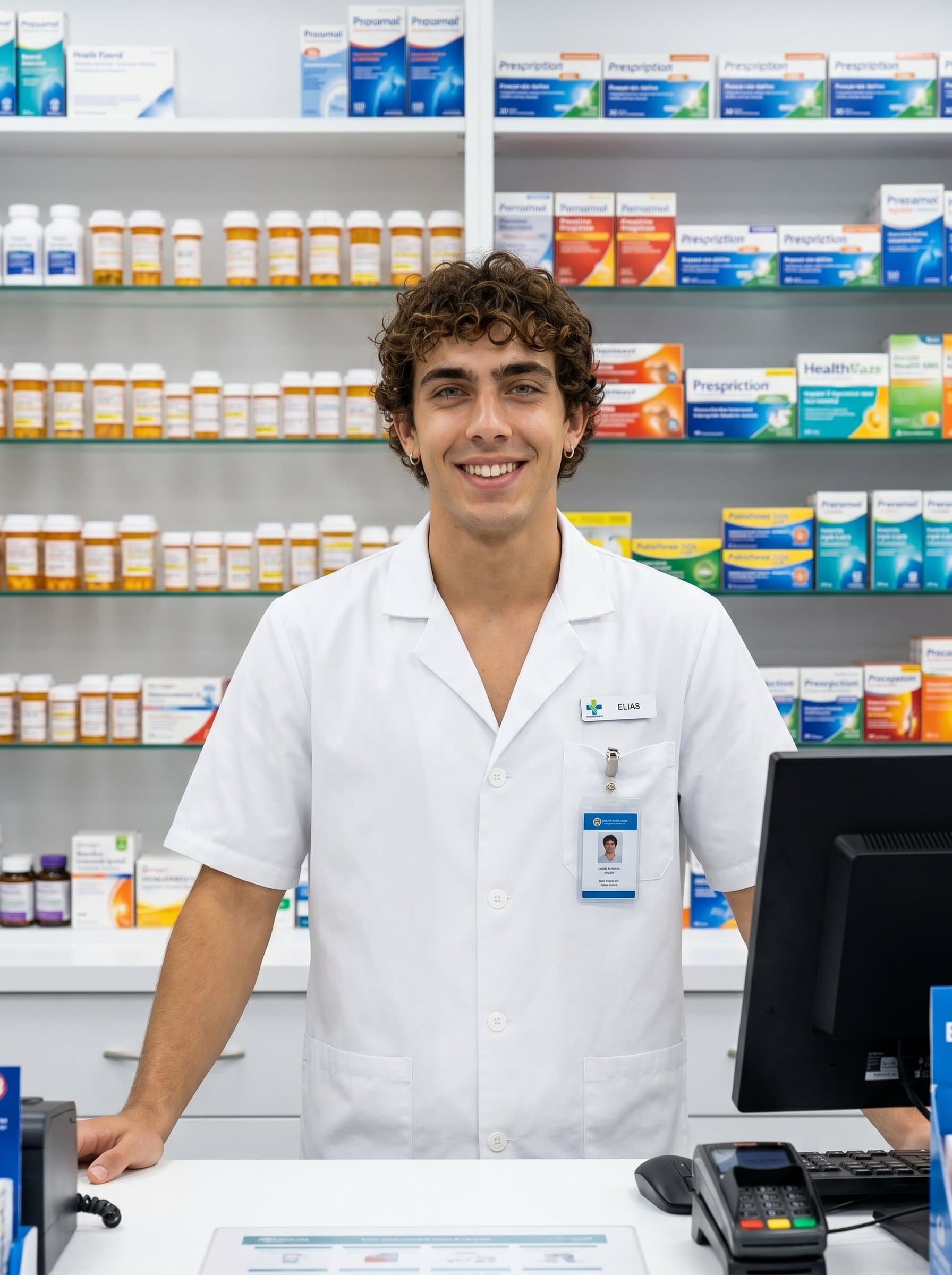 Set in a well-lit pharmacy, captures a pharmacist in a white coat, smiling warmly. The orderly display of medicines behind them adds a touch of color and professionalism to the scene.