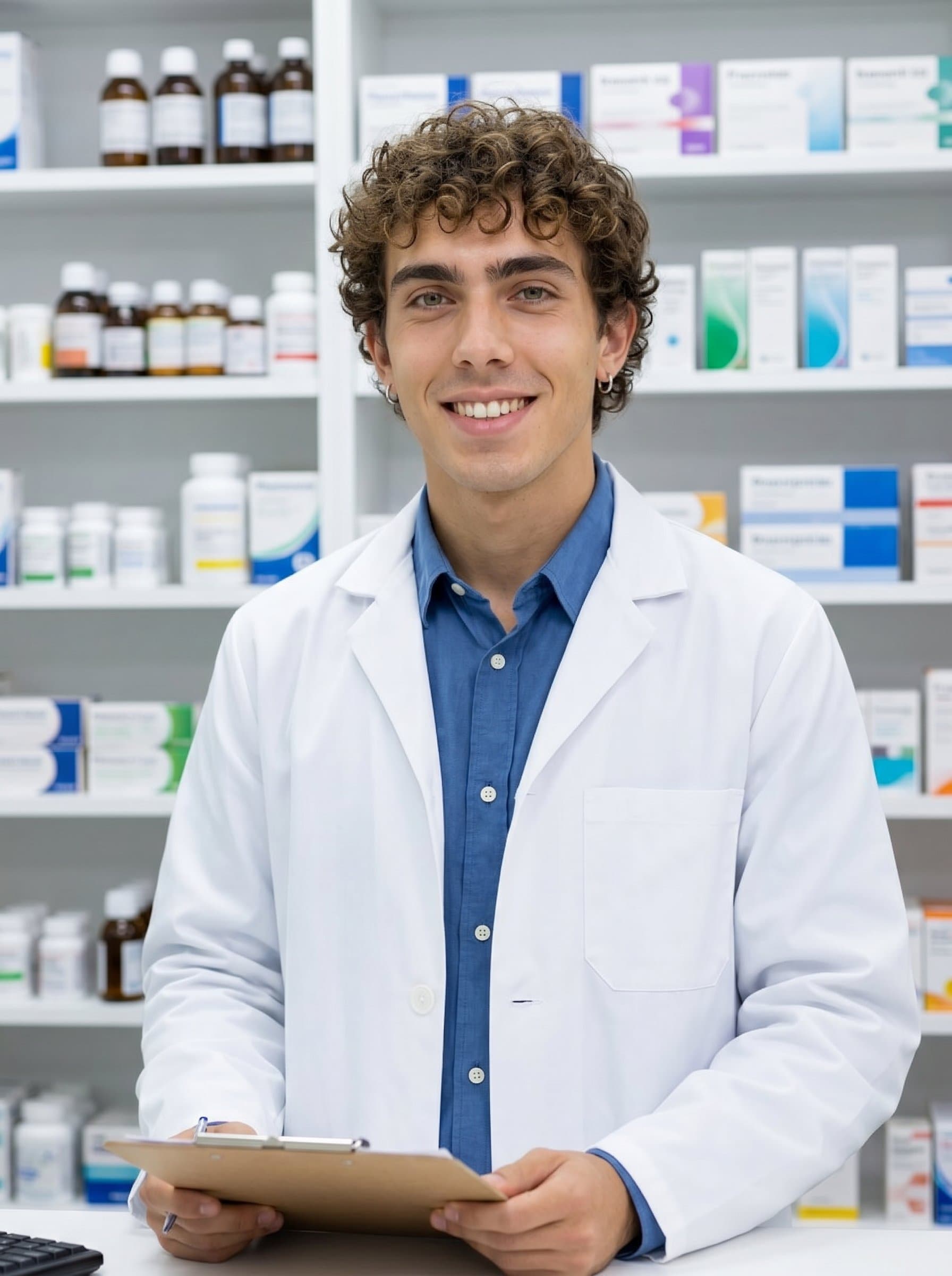 highlights a pharmacist in a pristine white coat, standing amid a pharmacy's well-organized medicine shelves. Their engaging smile adds a personal touch to the professional environment.