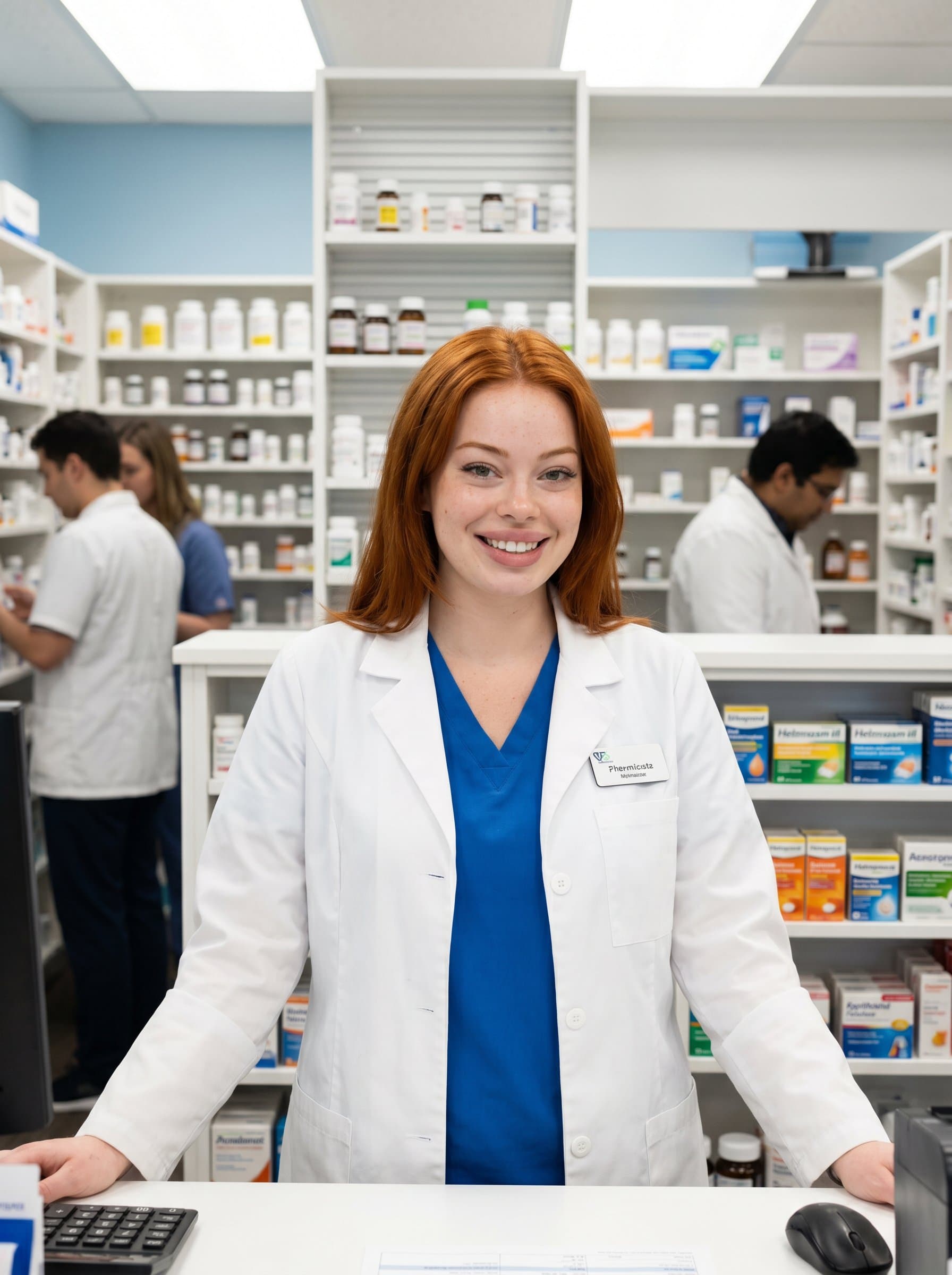 presents a pharmacist in crisp white attire, exuding warmth and professionalism. The background is a dynamic pharmacy scene, with neatly placed medications that convey a sense of order and reliability.