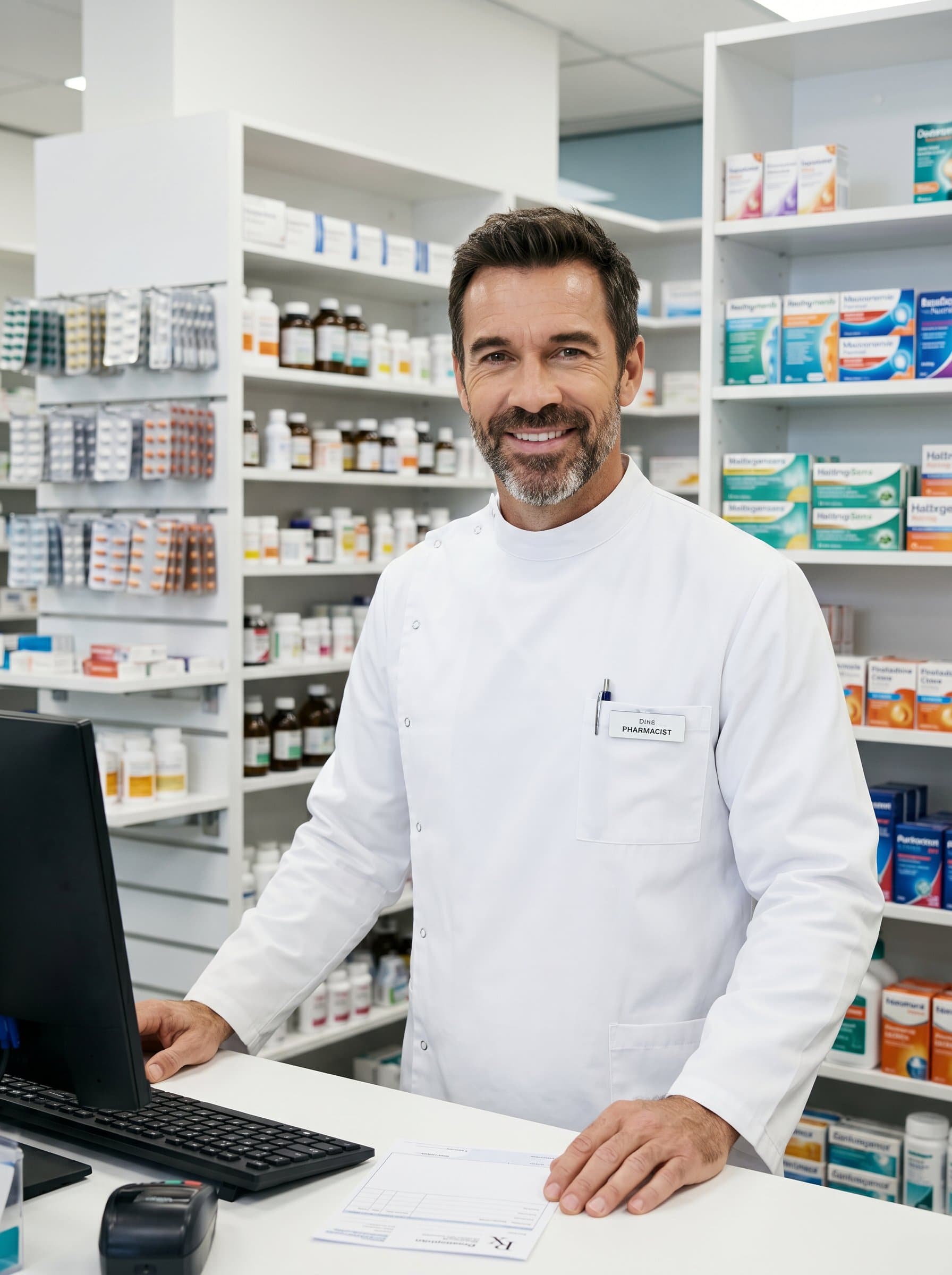 In a modern pharmacy setting, captures a pharmacist whose confident smile complements the array of medicines on the shelves behind them. Their white coat reinforces trust and expertise.