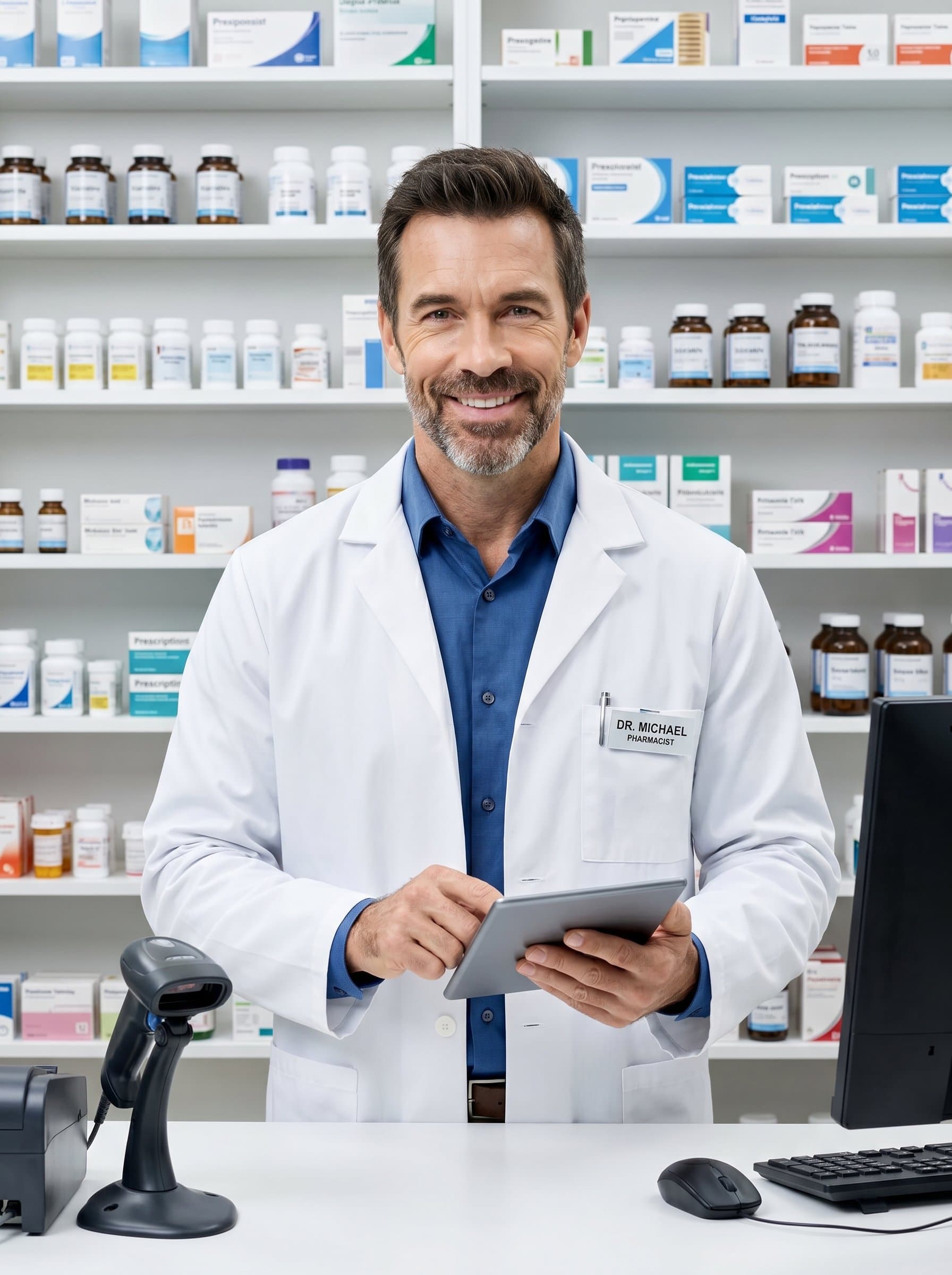 Against a backdrop of neatly aligned medicine shelves, portrays a pharmacist in a white coat. Their welcoming expression and the organized setting highlight a commitment to healthcare excellence.