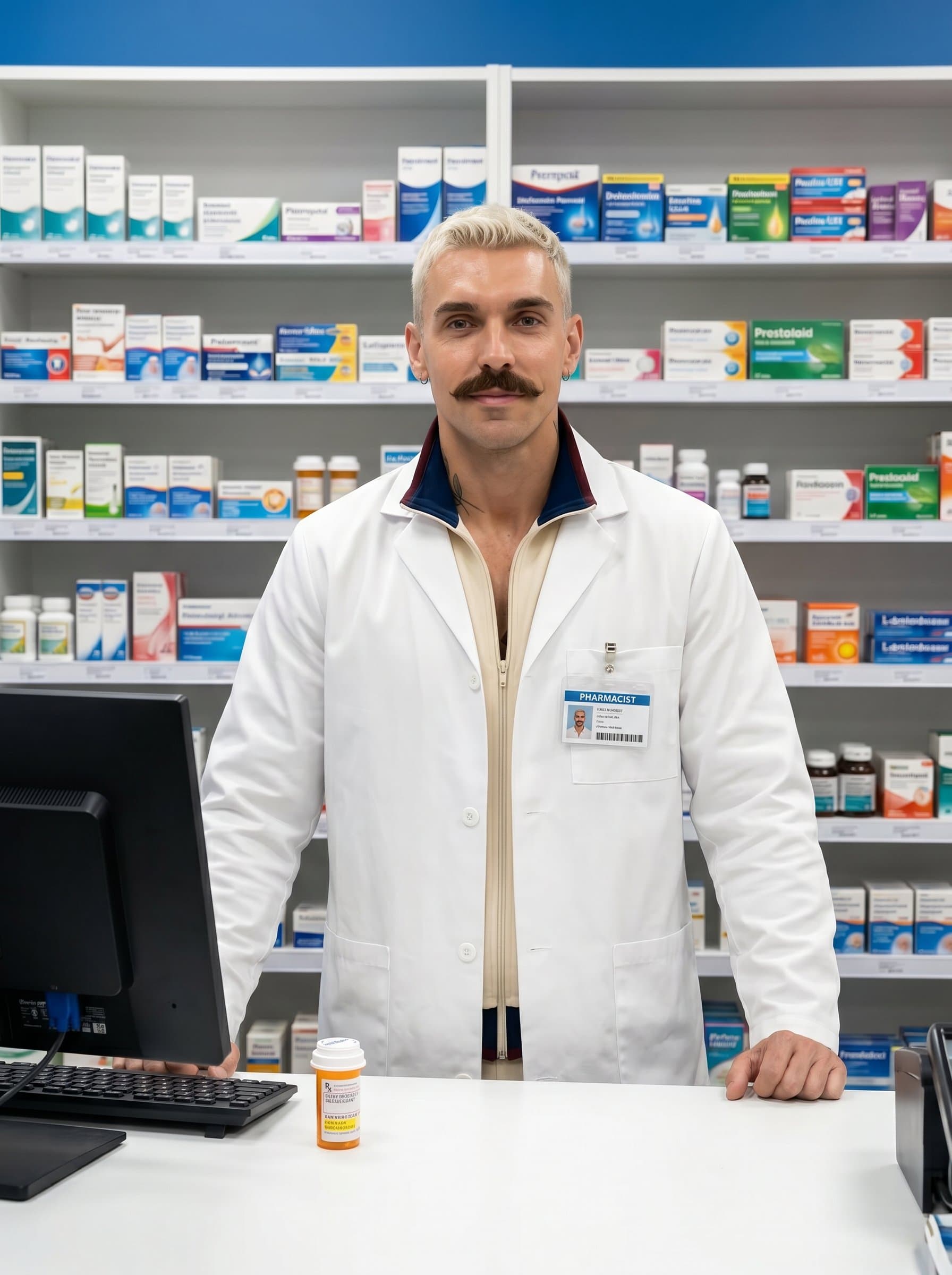 The image shows a pharmacist wearing a white coat, standing in a contemporary pharmacy. The neatly stocked medicine shelves in the background create a calm, efficient, and trustworthy atmosphere.