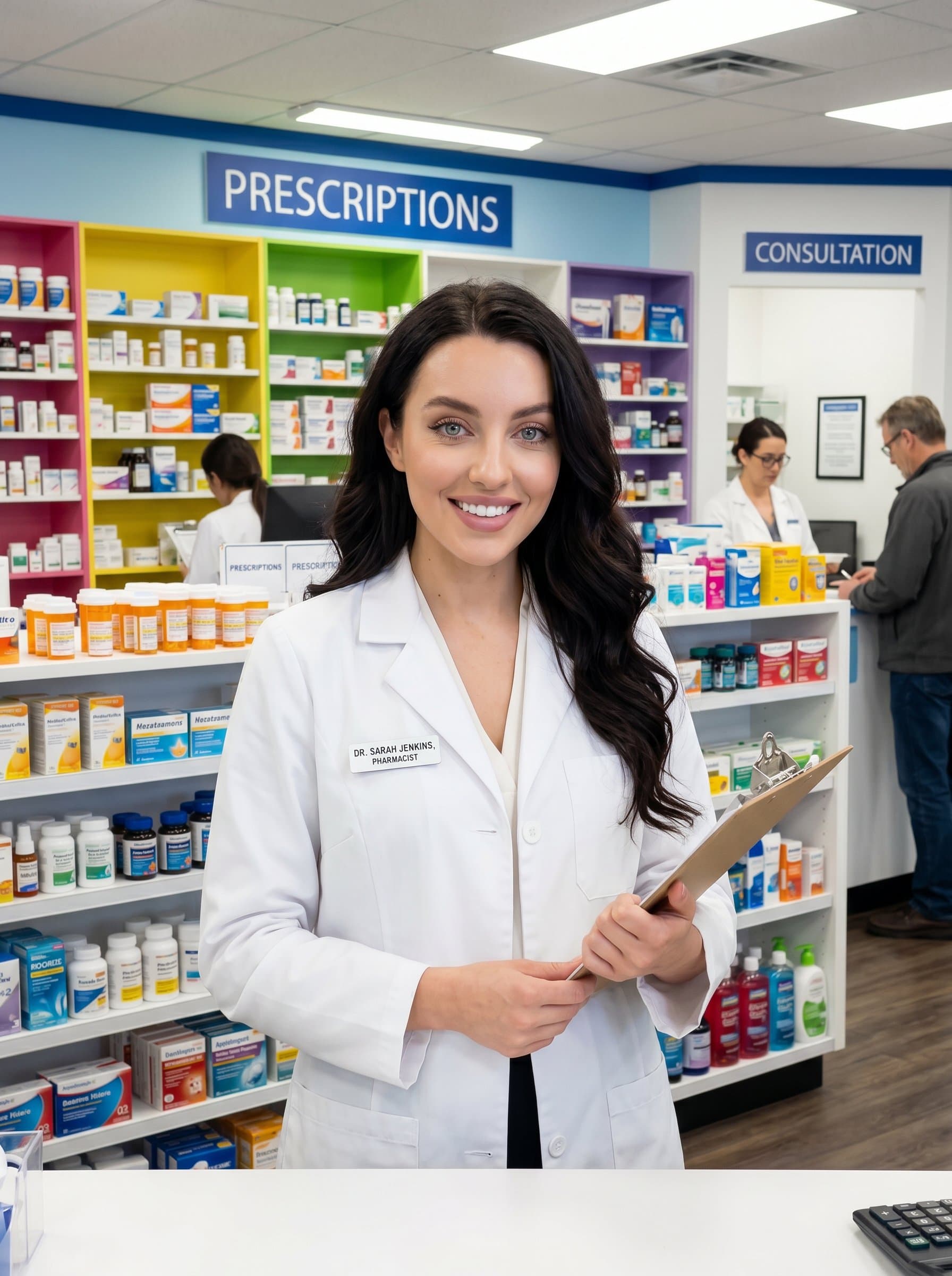 presents a pharmacist standing confidently in a white coat, with a backdrop of organized pharmacy shelves. The setting is both colorful and professional, highlighting their role in patient care.