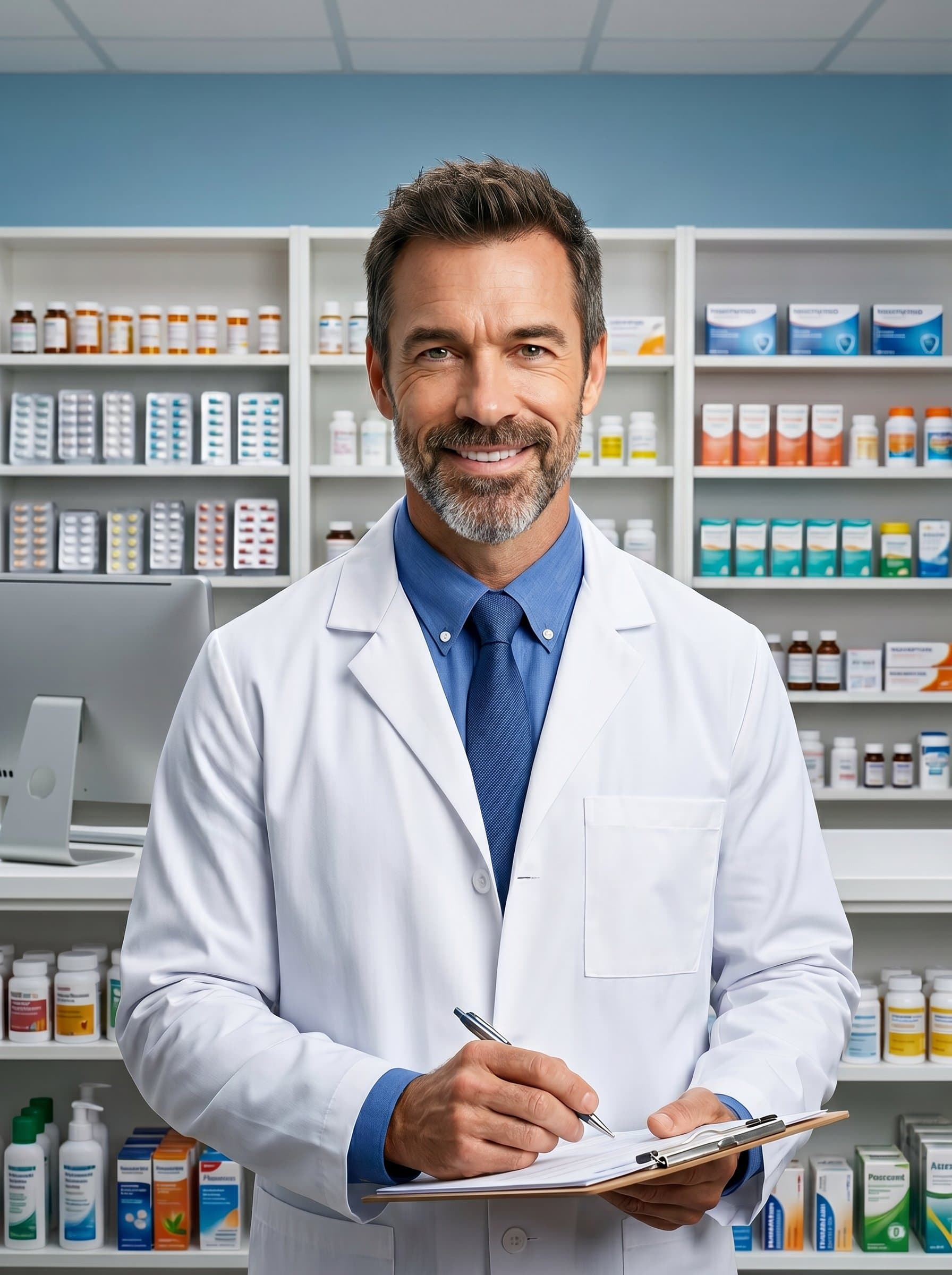 A headshot features a pharmacist in a white coat, glowing with confidence amidst meticulously organized pharmacy shelves. The setting blends modernity and professionalism, offering an inviting and efficient healthcare environment.