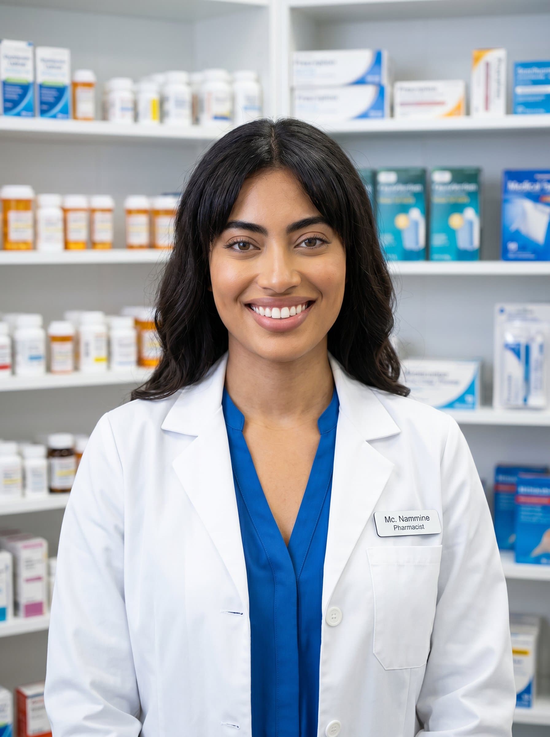 A headshot features a pharmacist smiling warmly in their white coat. The background of neatly stocked pharmacy shelves balances professionalism with approachability, enhancing the healthcare setting.