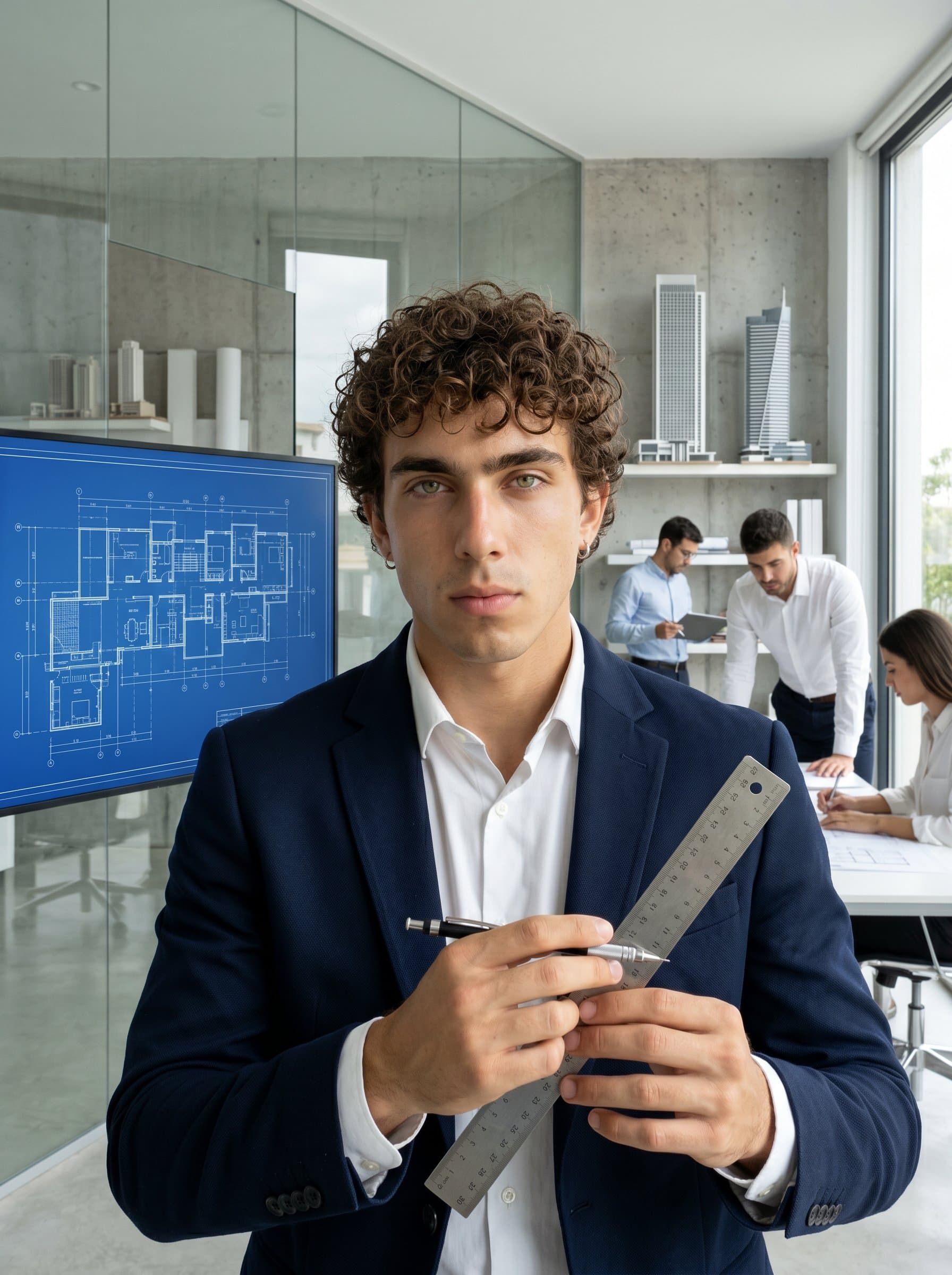 Capture a headshot of an architect with in front of a minimalist office design, emphasizing precision and modern aesthetics.