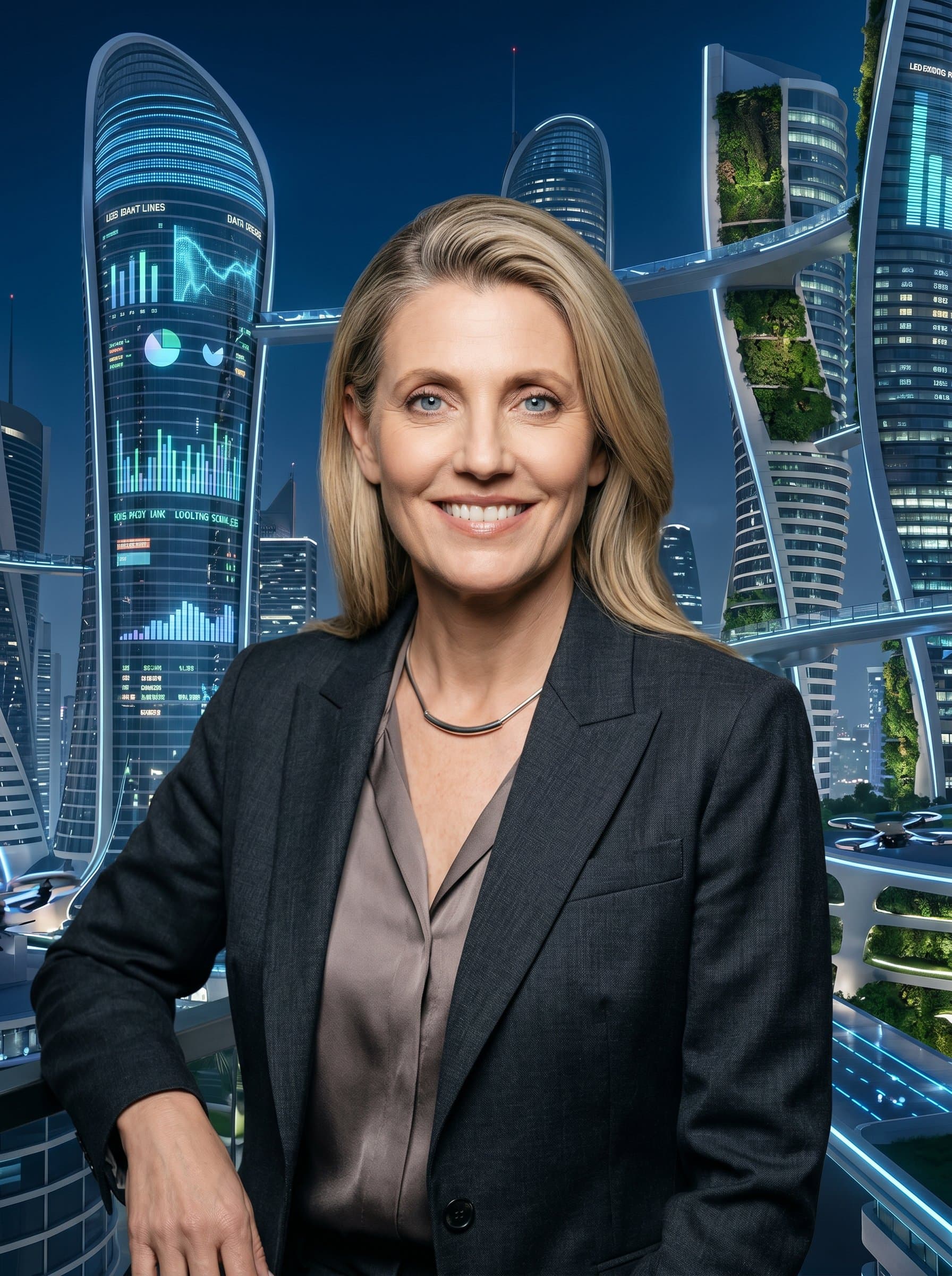 A professional headshot of an architect with set in a digitally rendered cityscape, highlighting cutting-edge design and innovation.