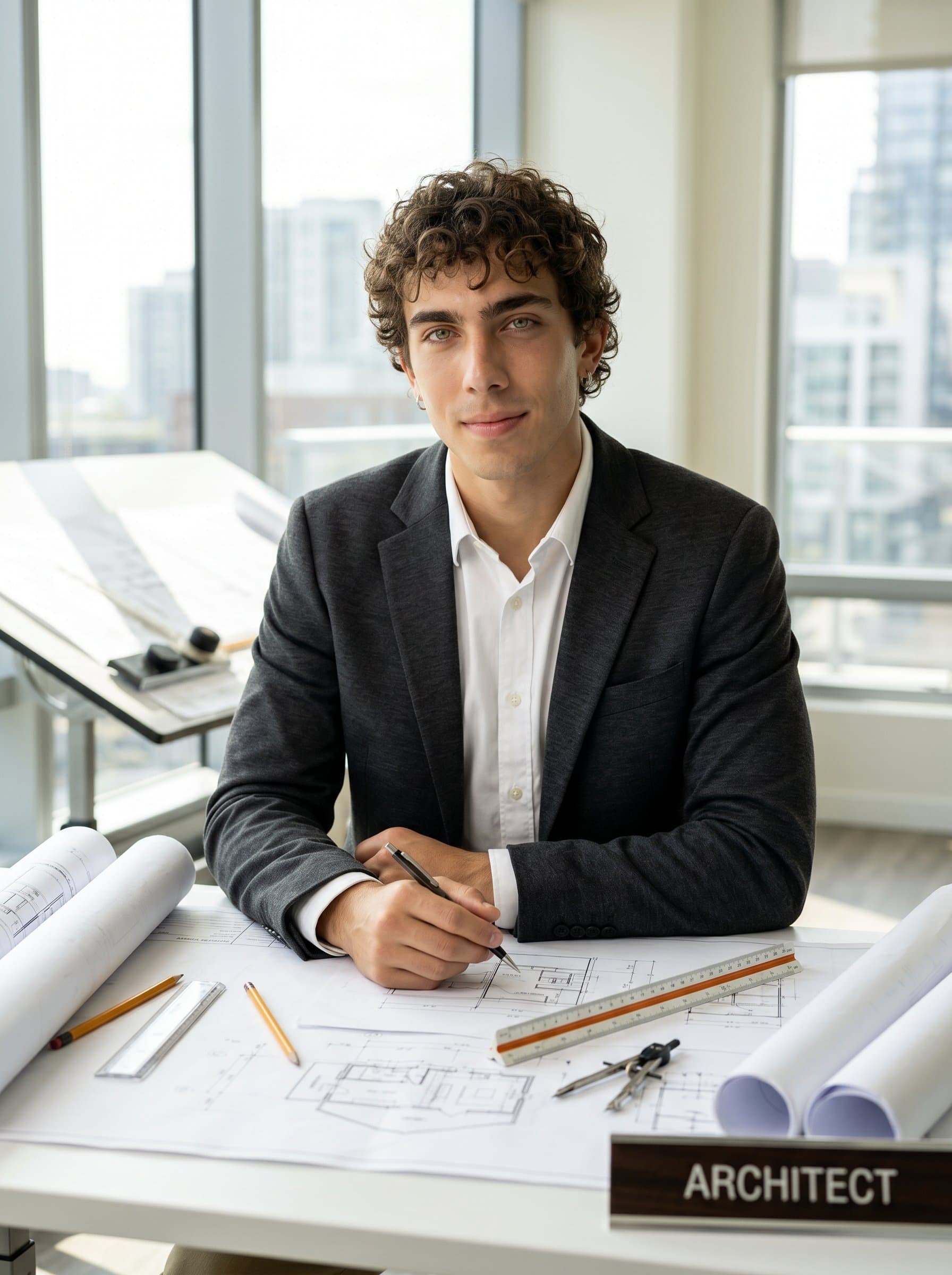 Capture a professional headshot of an architect wearing surrounded by blueprints and sketches, reflecting creativity and precision in a sunlit studio.