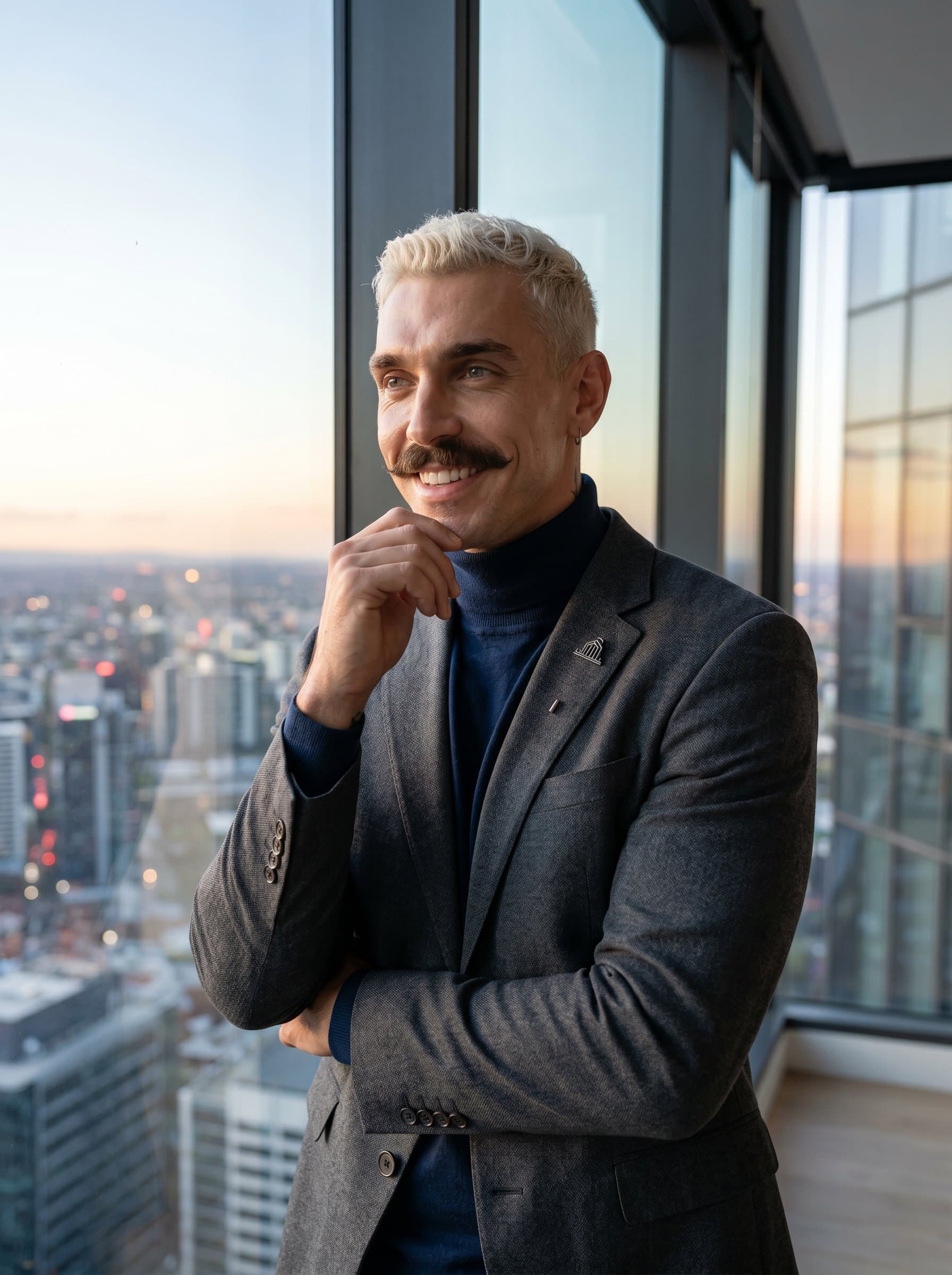 Create a photorealistic headshot of an architect wearing standing before a large window with a panoramic city view, suggesting vision and forward-thinking.