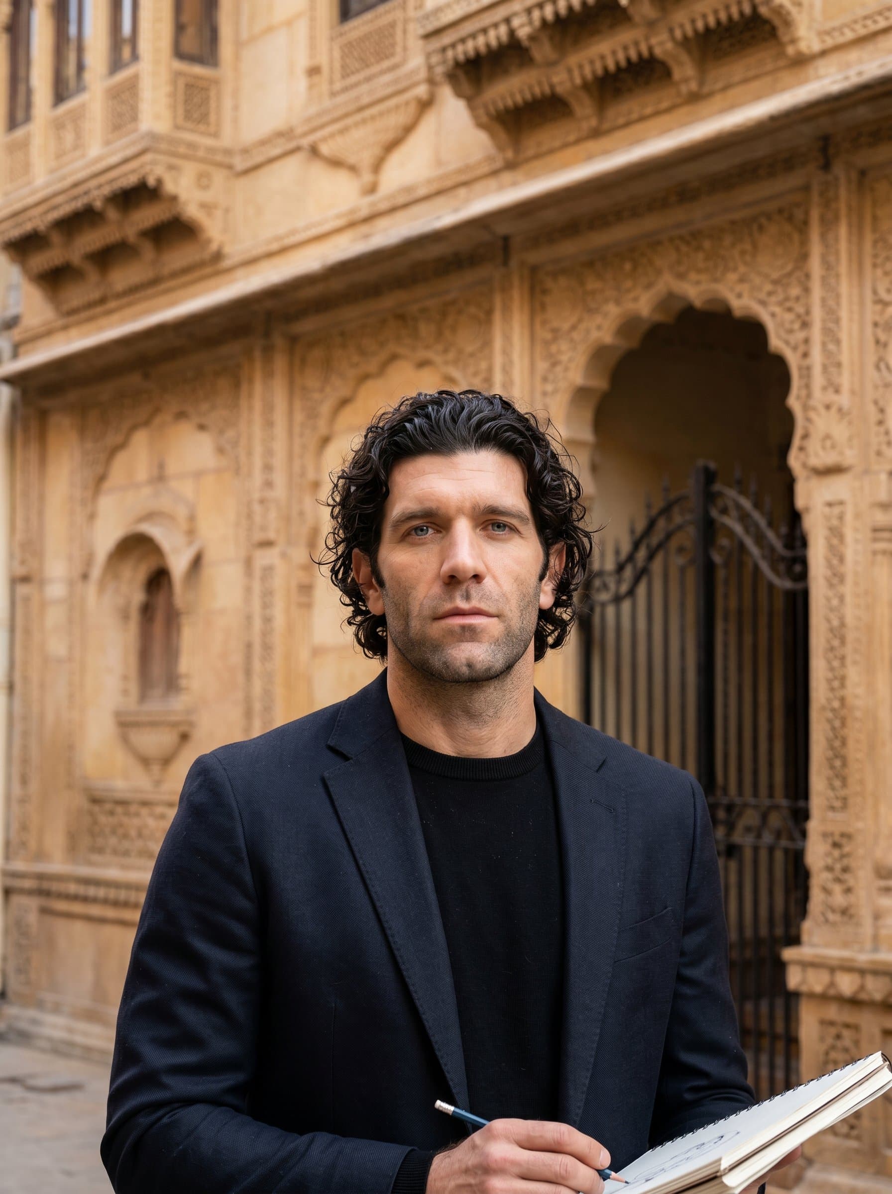 Capture an architect headshot with in front of a historic building façade, representing respect for heritage and traditional craftsmanship.