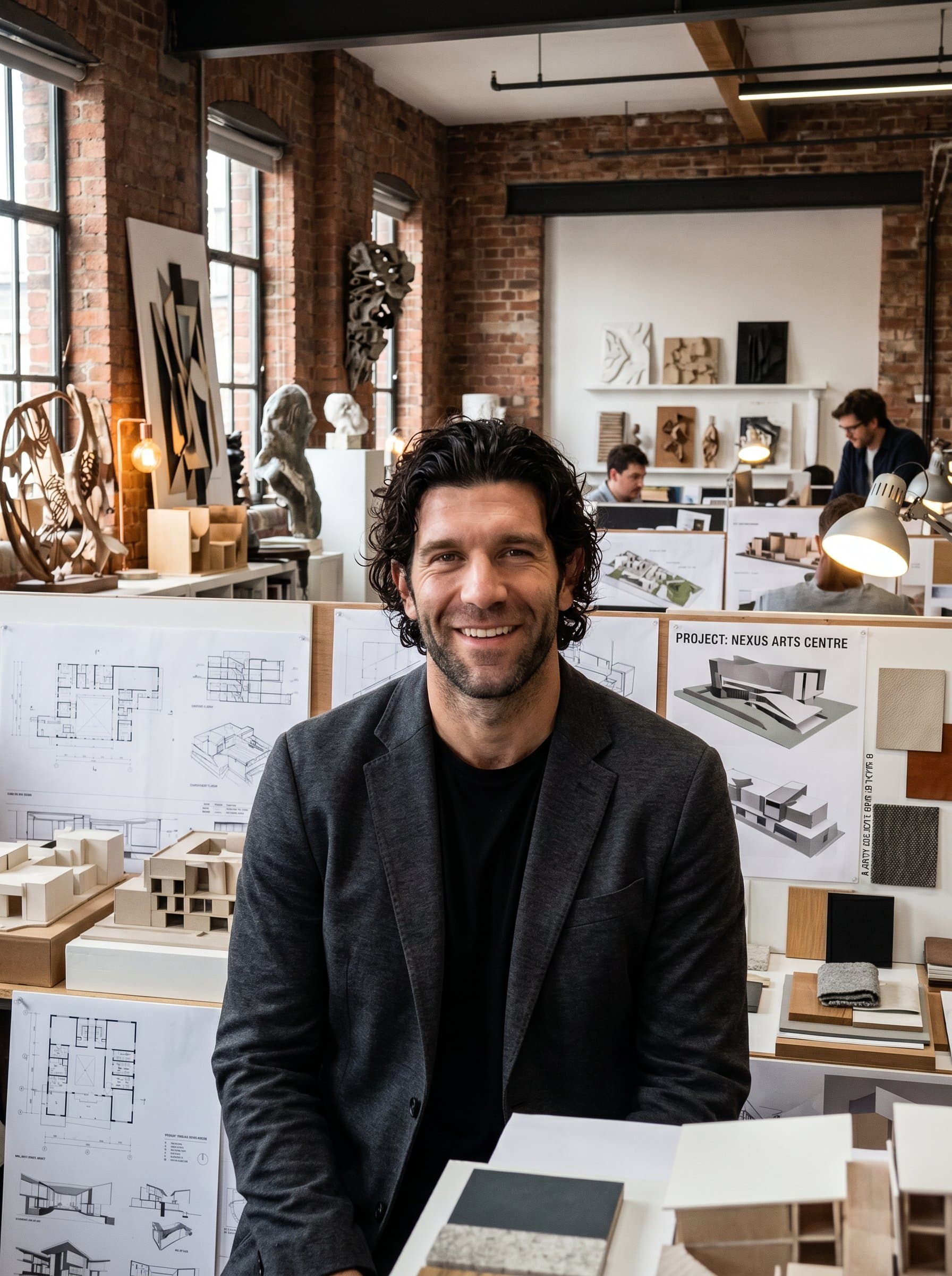 Capture an architect headshot with set in a creative loft-style studio, surrounded by art installations and design boards, reflecting artistic flair.