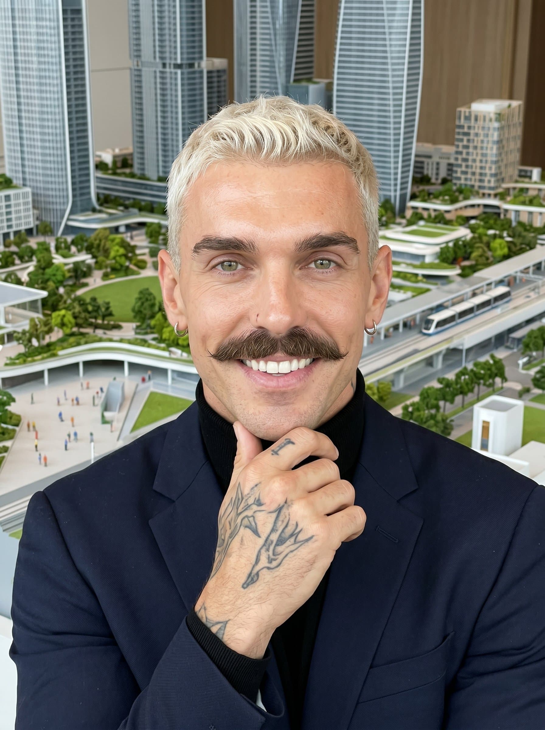 Headshot of an architect with with a backdrop of a scale model city, representing visionary urban planning and architectural insight.
