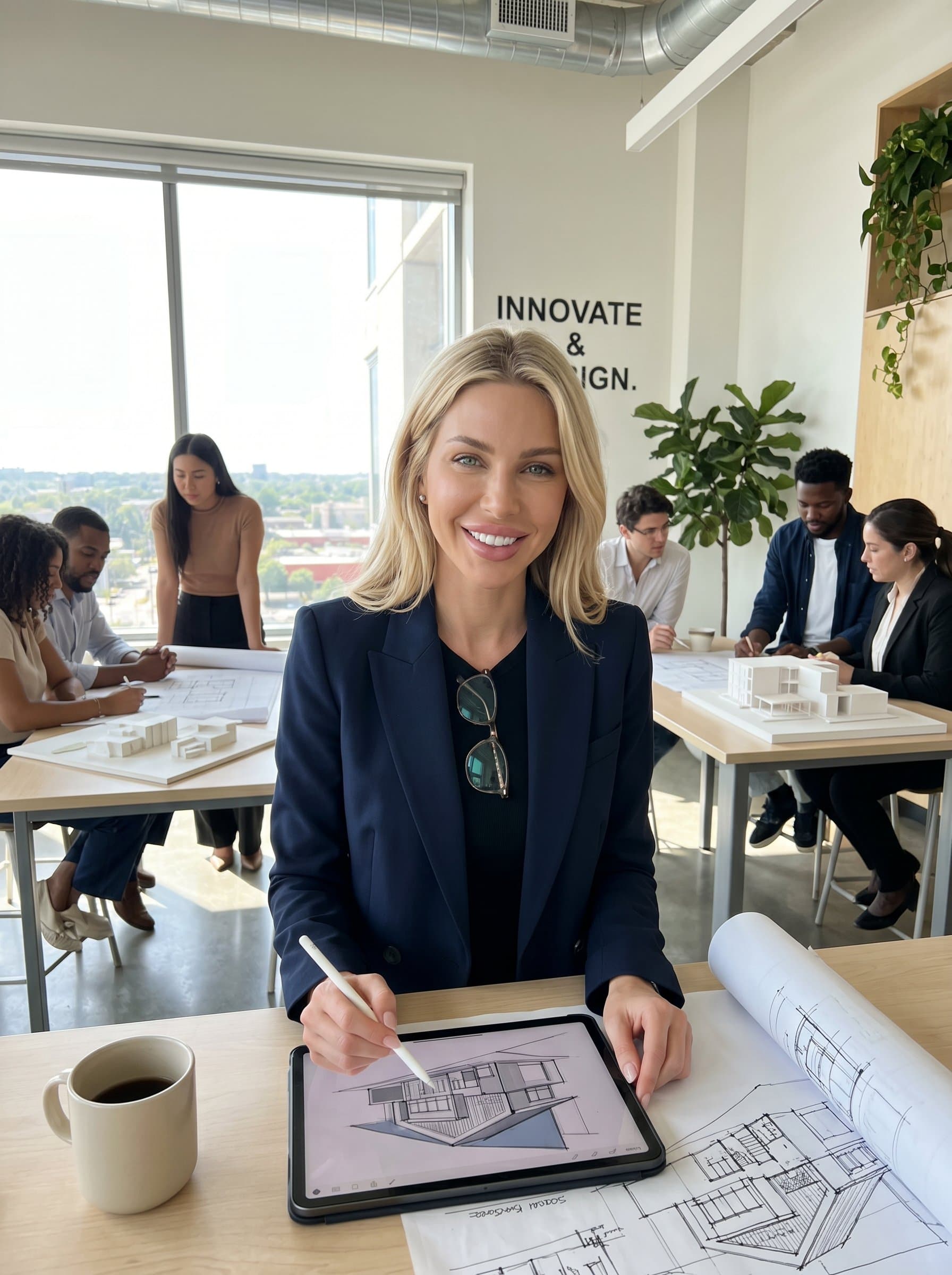 Capture a photorealistic headshot of an architect with in a vibrant co-working space, symbolizing innovation and collaborative design.