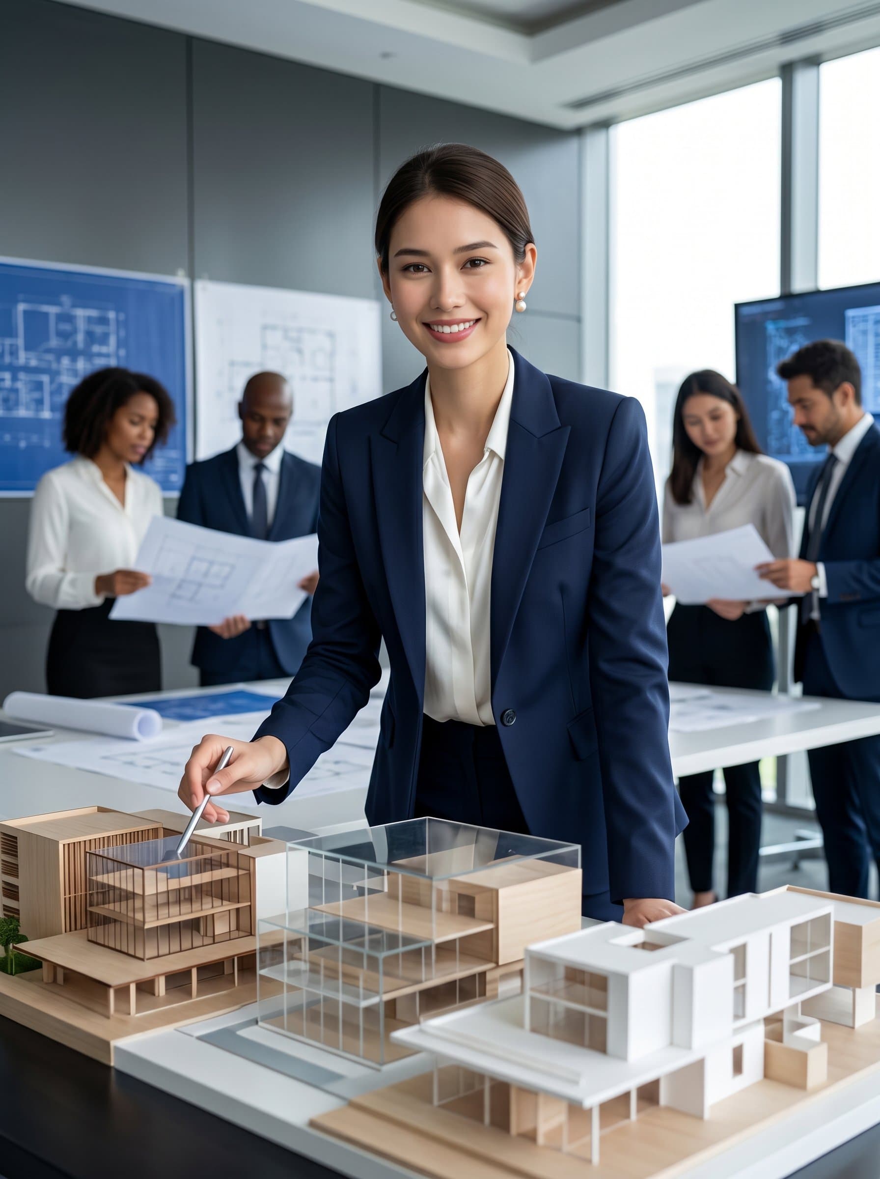 Create a headshot of an architect wearing in a sleek conference room with modern architectural models, showcasing professionalism and collaboration.
