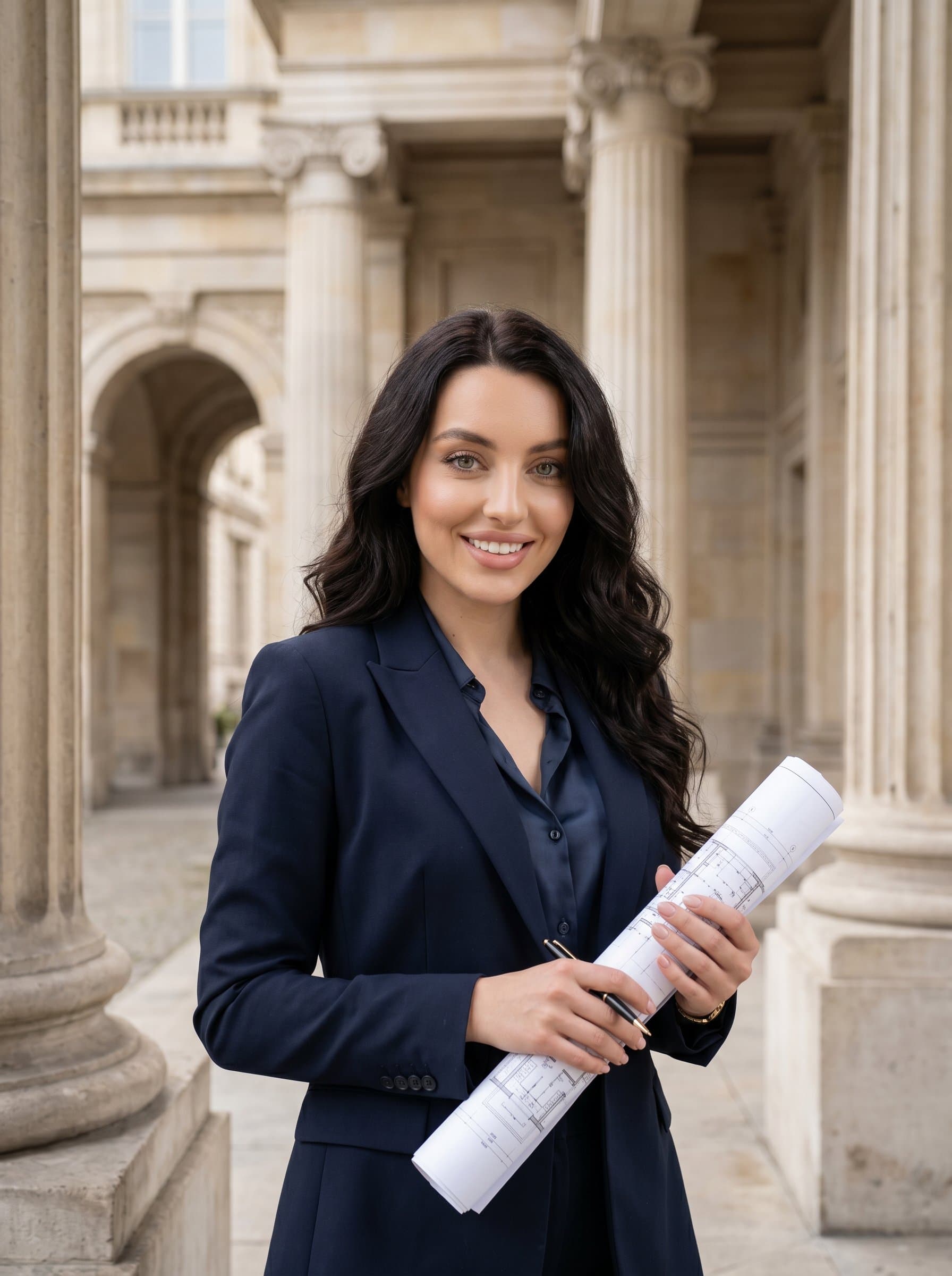 A headshot of an architect with set against a backdrop of iconic classical columns, blending timeless elegance with professional authority.