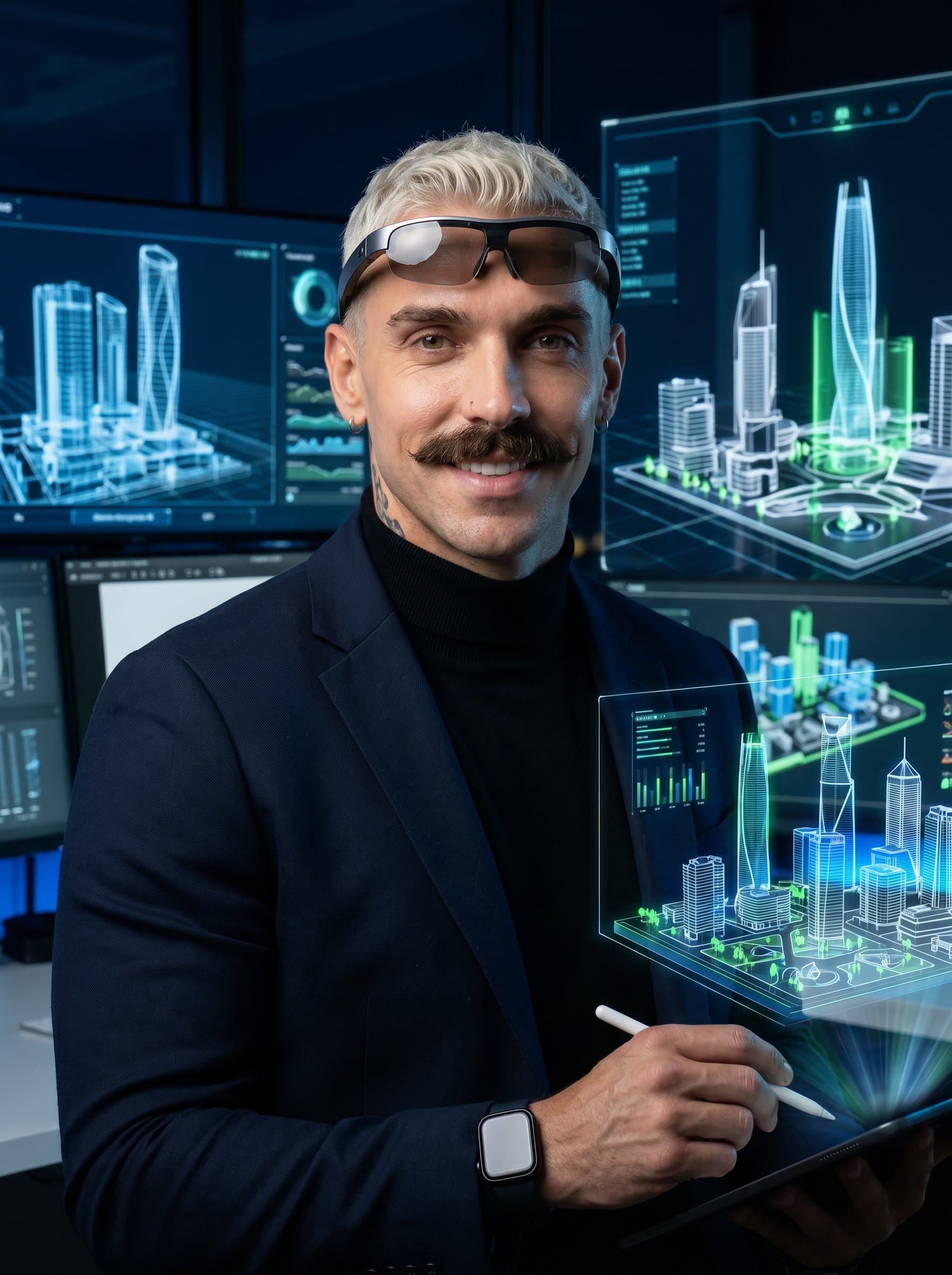 Create a headshot of an architect wearing in a high-tech office with digital architectural models projected in the background, showcasing futuristic design capabilities.