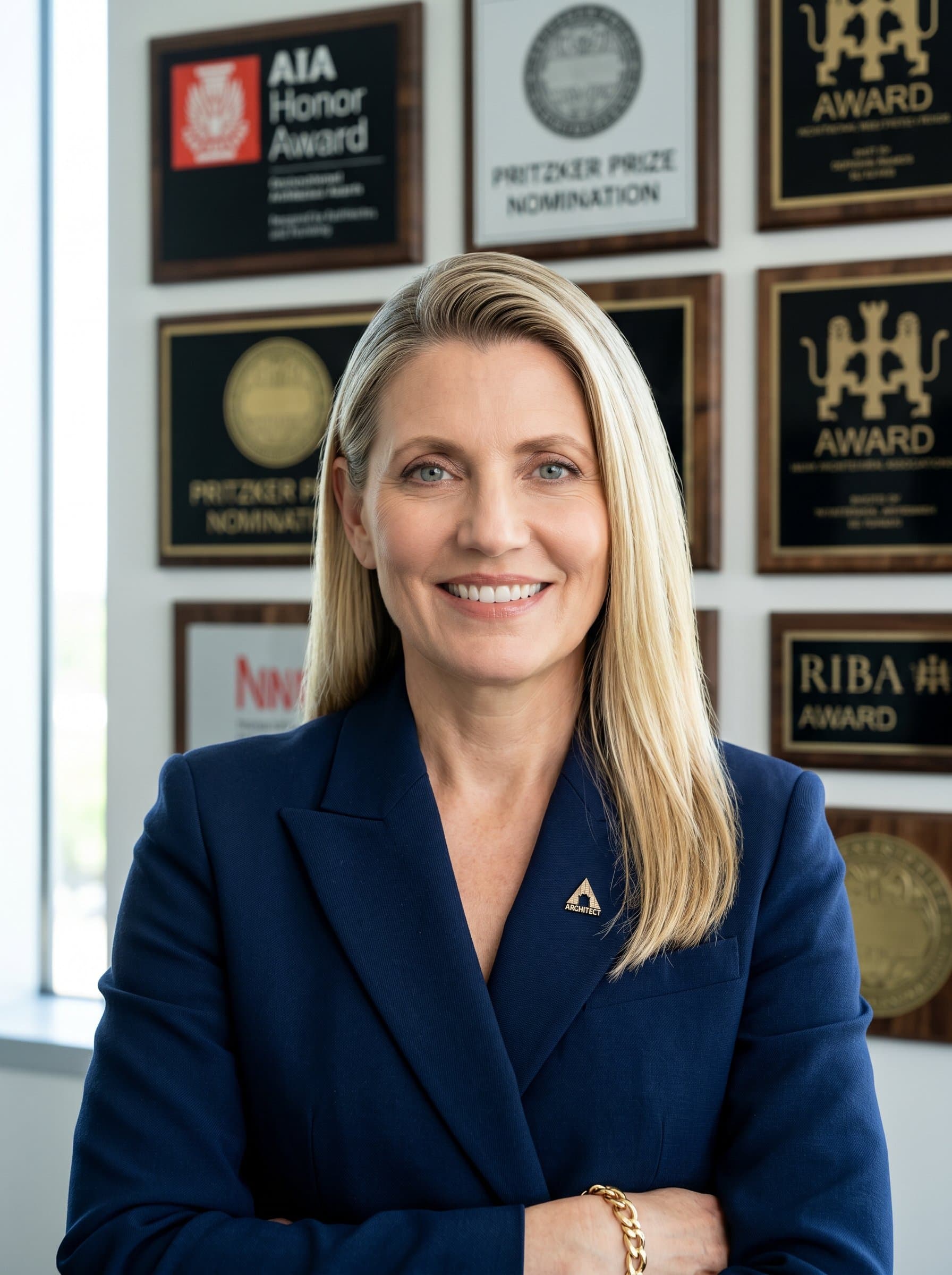 Photorealistic headshot of an architect with against a backdrop of architectural award plaques, symbolizing achievements and recognition in the field.