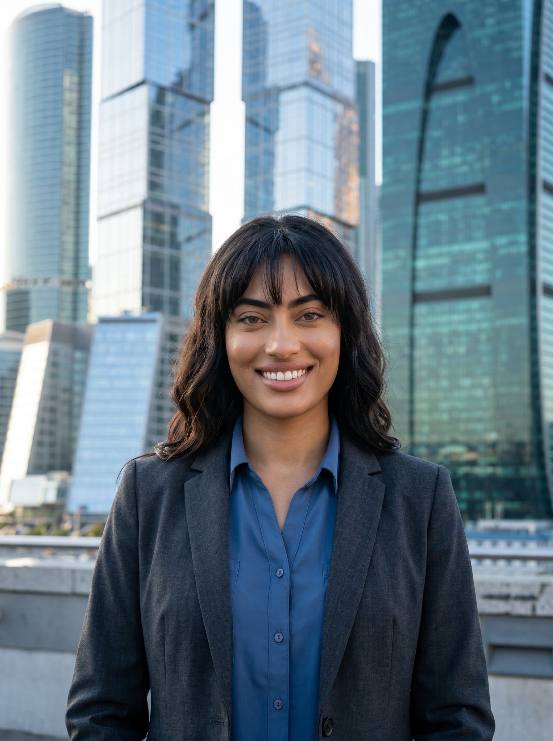 A photorealistic headshot of an architect with standing confidently in front of a modern city skyline, skyscrapers glistening in the background, symbolizing urban innovation and expertise.