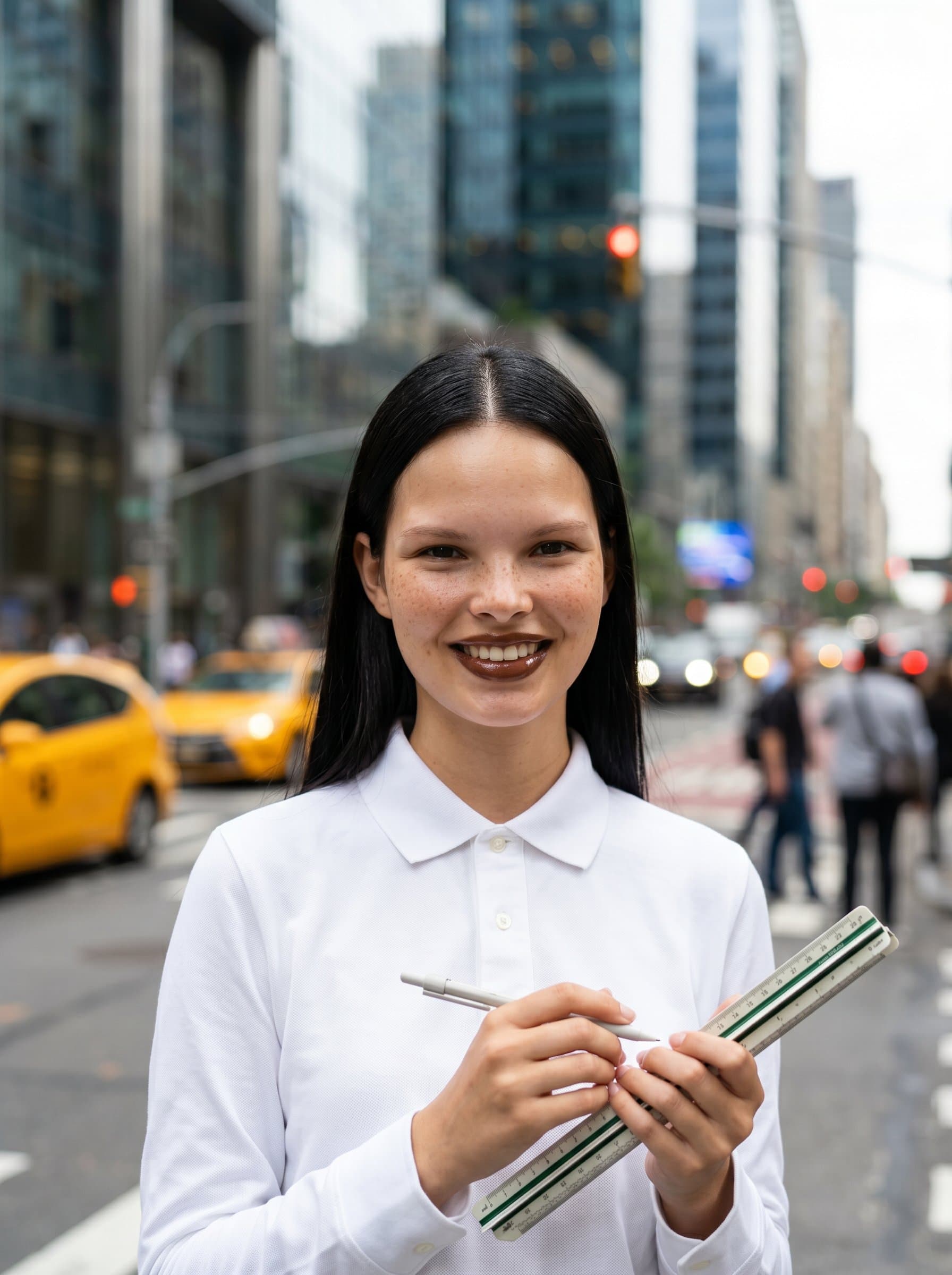 Headshot of an architect with with a blurred background of a bustling urban street, embodying dynamic urban planning and architectural fluency.