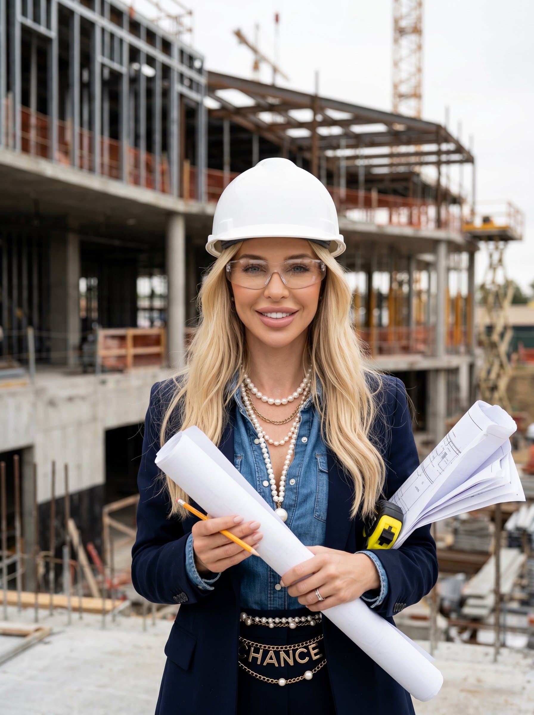 Photorealistic headshot of an architect with framed against a backdrop of an unfinished building, symbolizing hands-on approach and creativity in the field.
