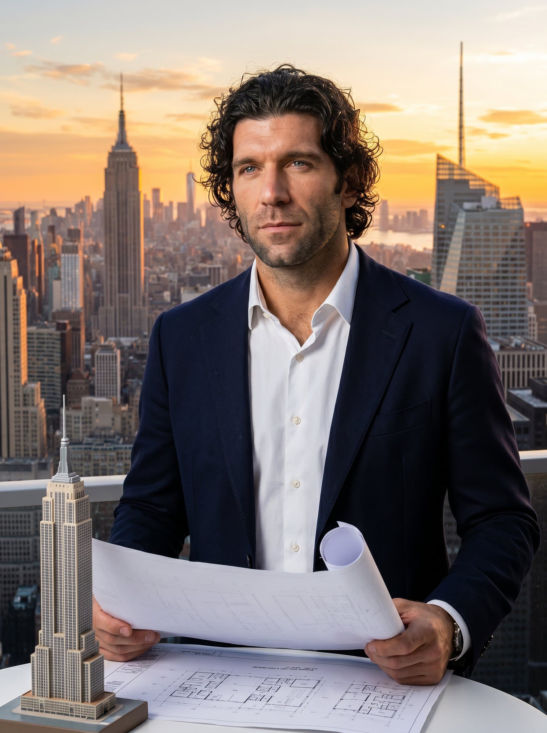 A professional headshot of an architect with set against a dramatic sunset skyline, evoking inspiration and the endless possibilities of architectural endeavors.