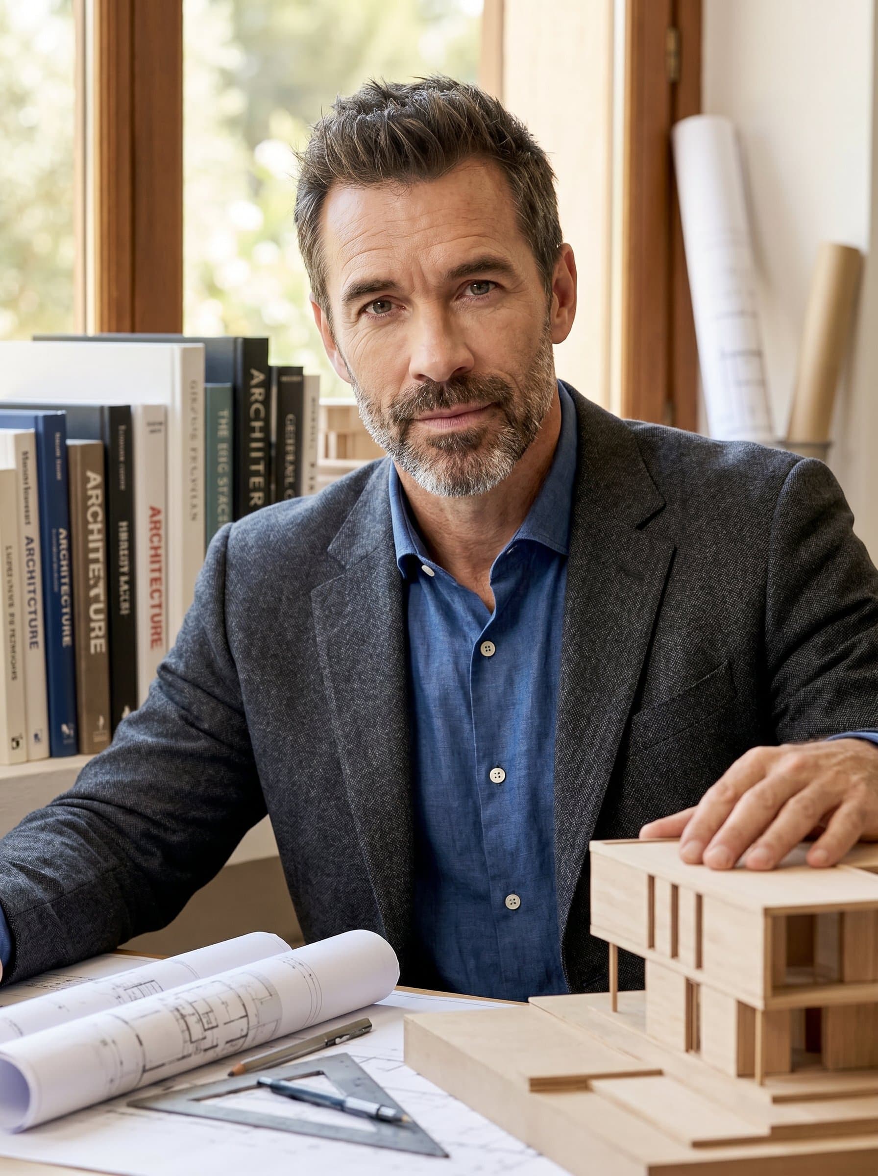 Create a headshot of an architect wearing surrounded by architectural books and models, reflecting a depth of knowledge and inspiration.