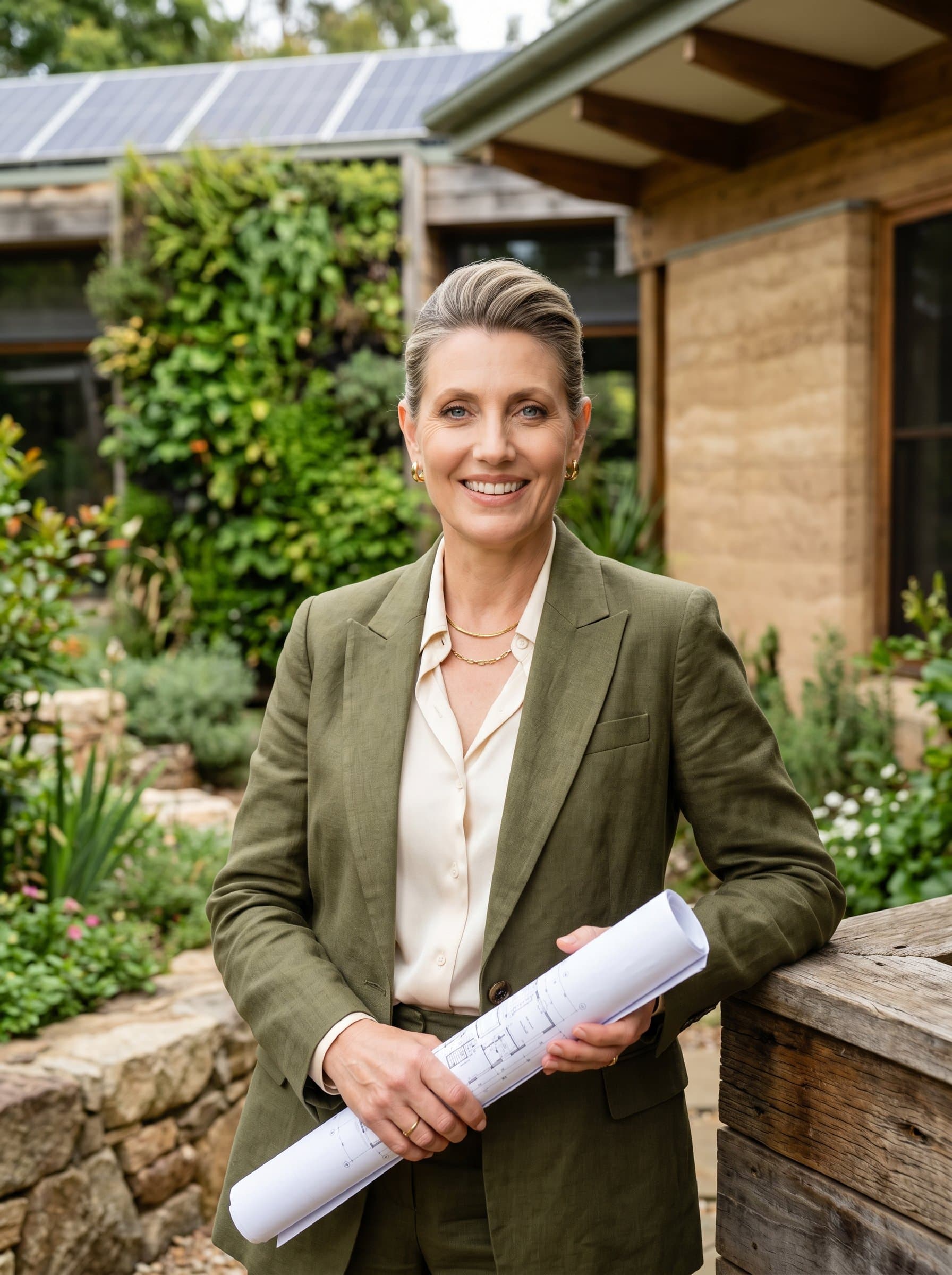Capture a headshot of an architect with positioned in a lush outdoor setting with eco-friendly architectural elements, emphasizing sustainable design practices.