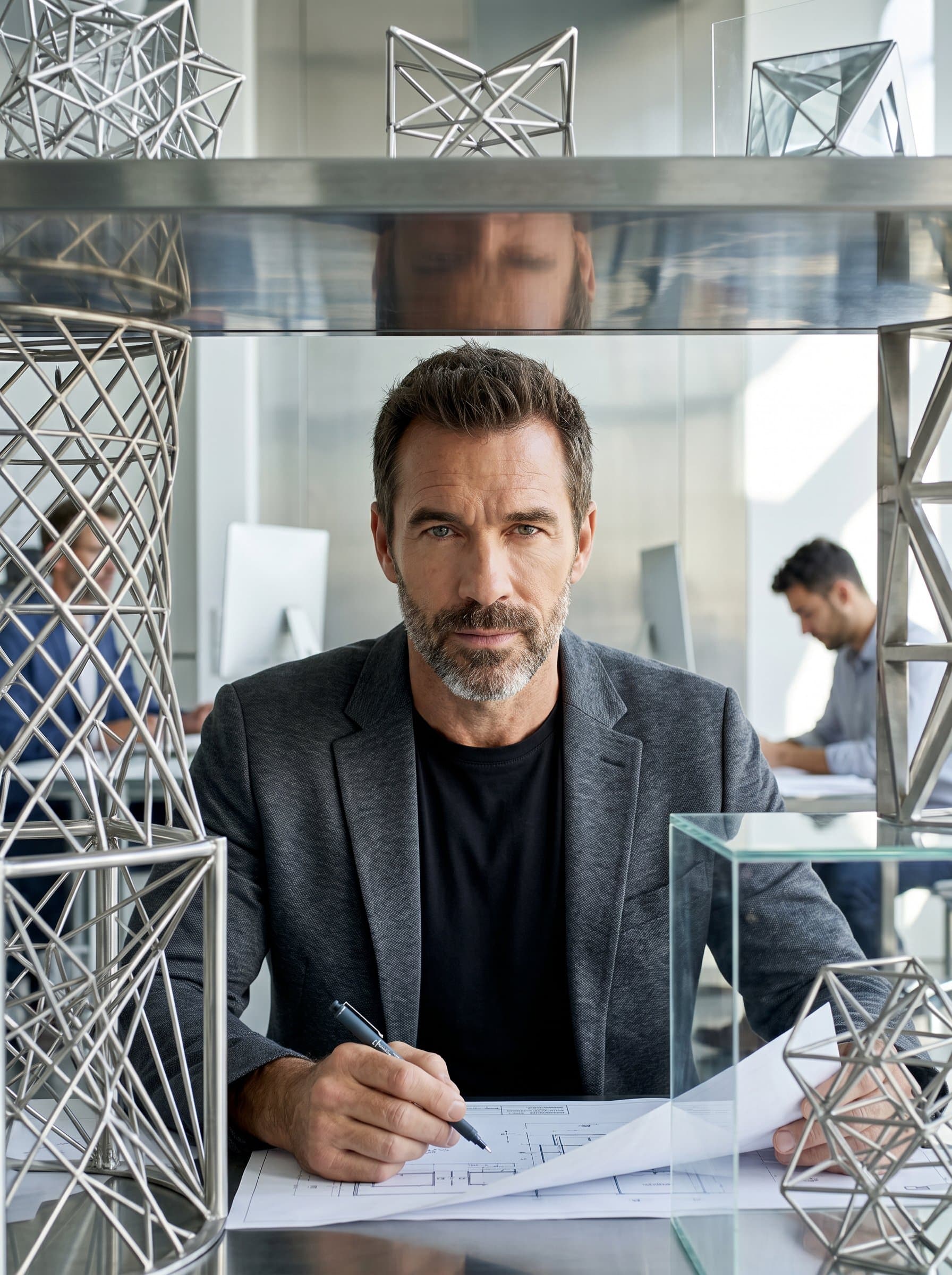A headshot of an architect with framed by intricately designed metal structures, highlighting innovation and modern industrial aesthetics.