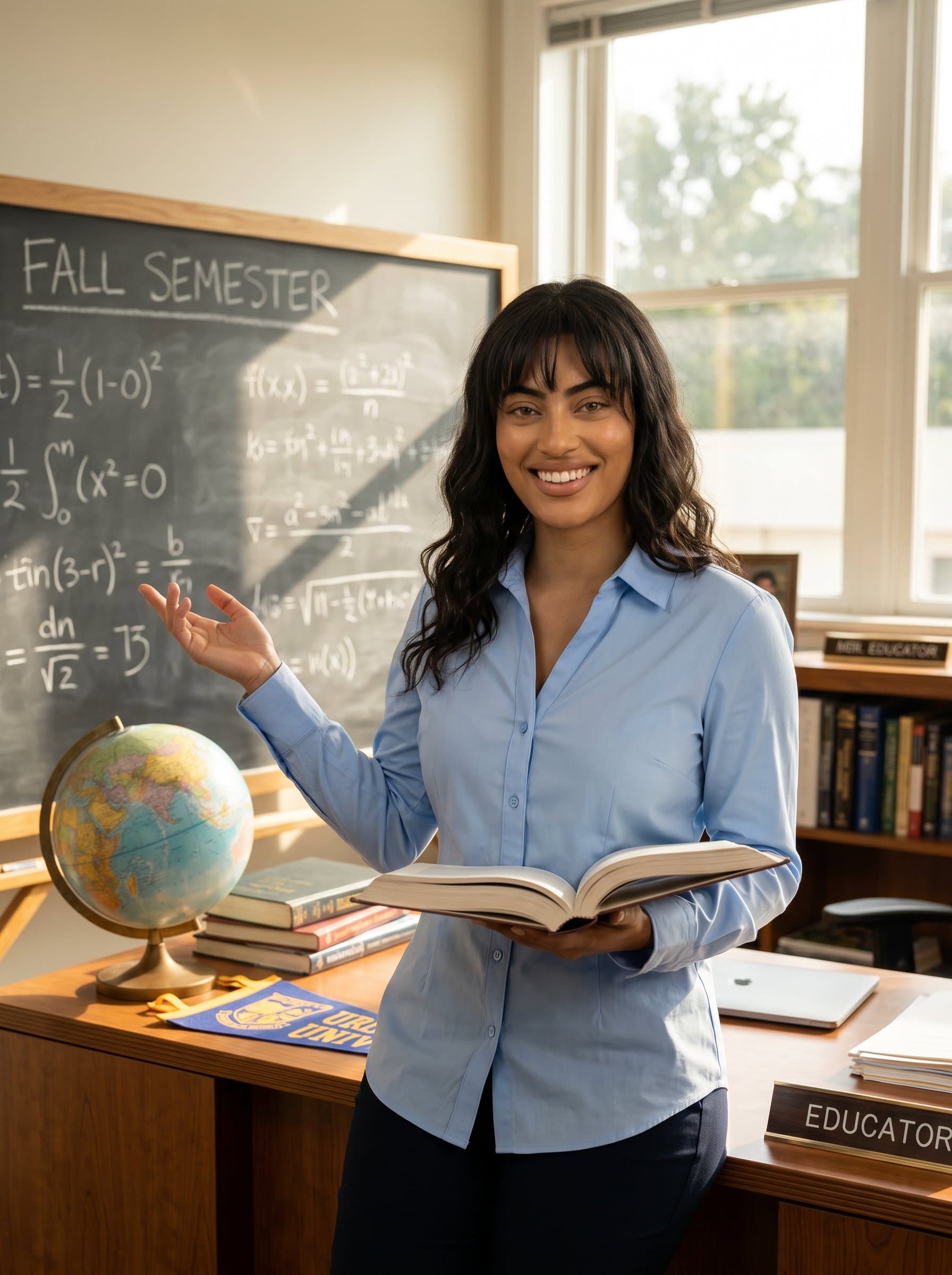 : An educator photographed in a sunlit office, with a globe and chalkboard in the background. Dressed in a formal shirt, they exude approachability and expertise, ideal for a university's promotional content.