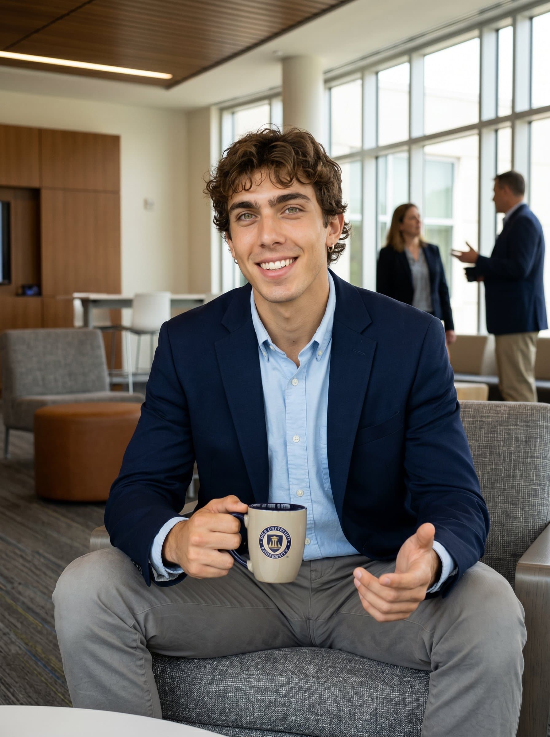 : An instructor photographed in a lounge area with modern furniture, holding a coffee mug. Their demeanor is relaxed yet professional, fitting for informal faculty introductions.
